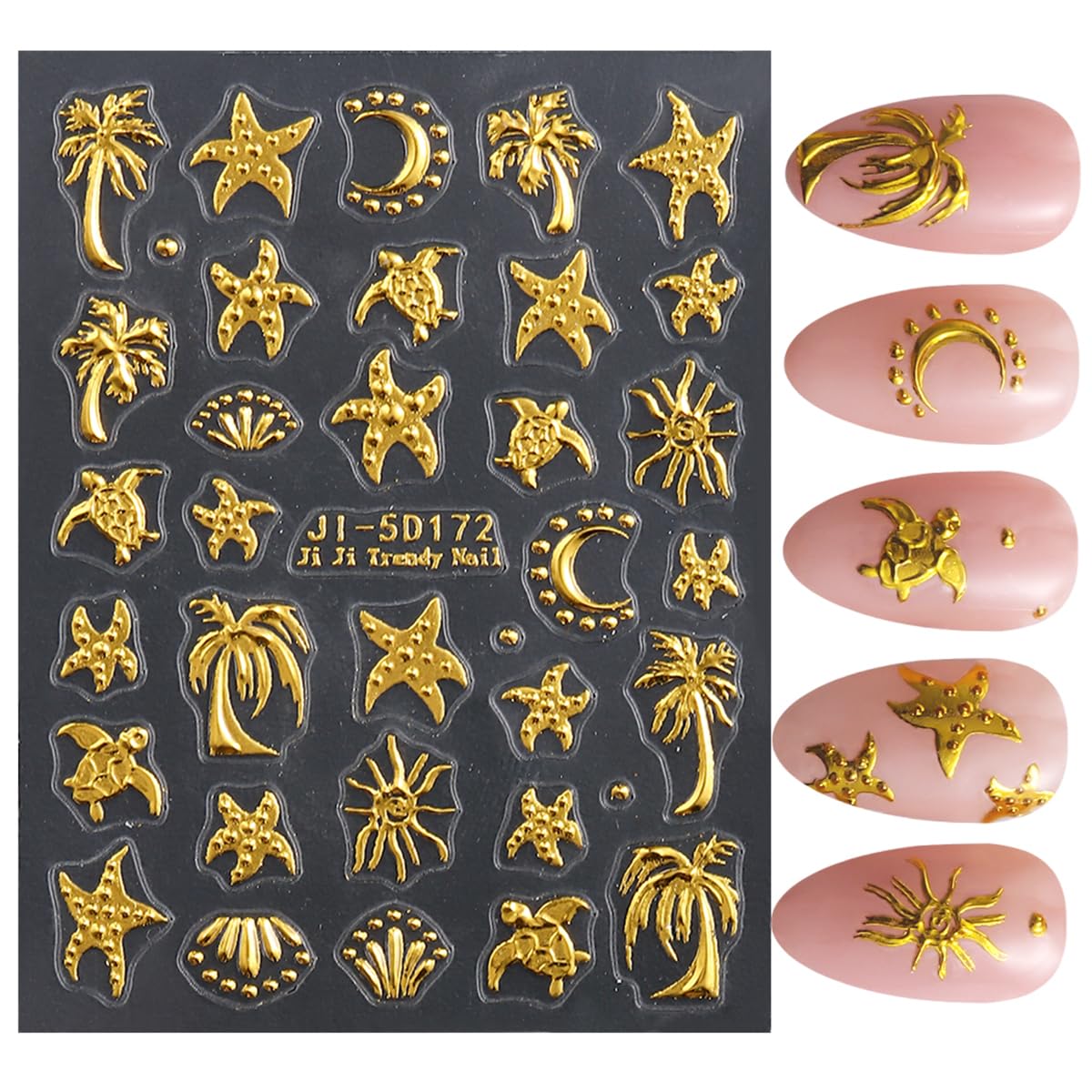 Summer Nail Stickers for Nail Art 5D Self-Adhesive Nail Decals Gold Starfish Sea Turtle Palm Sun Design Flower Nail Art Supplies for Women DIY Summer Beach Manicure Tip Decoration, 2Pcs