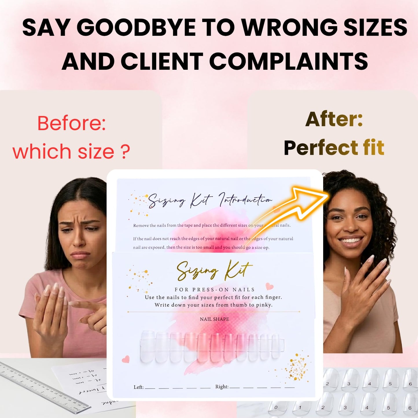 Press On Nails Sizing Kit Cards for Nail Business — 30 Pack Blank Size Chart Postcards, 5x7 Pink & Gold Foil, with Clear Bags, Press On Nail Business Supplies for Nail Tech