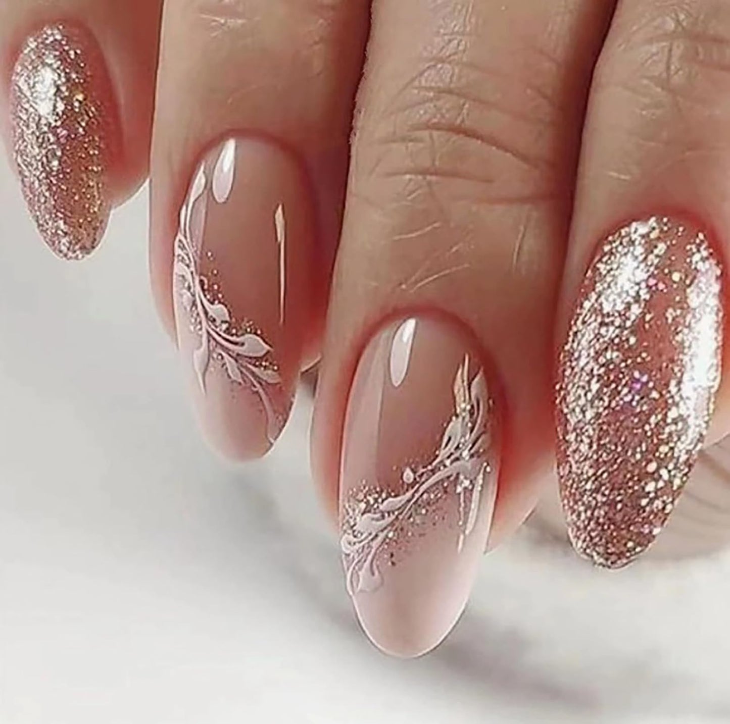 Medium Almond Press on Nails with Designs Gold Glitter Nude White Pink Flower Fake Nails Press ons Acrylic False Nails Glossy Artificial Stick on Nails for Women Girls 24 Pcs