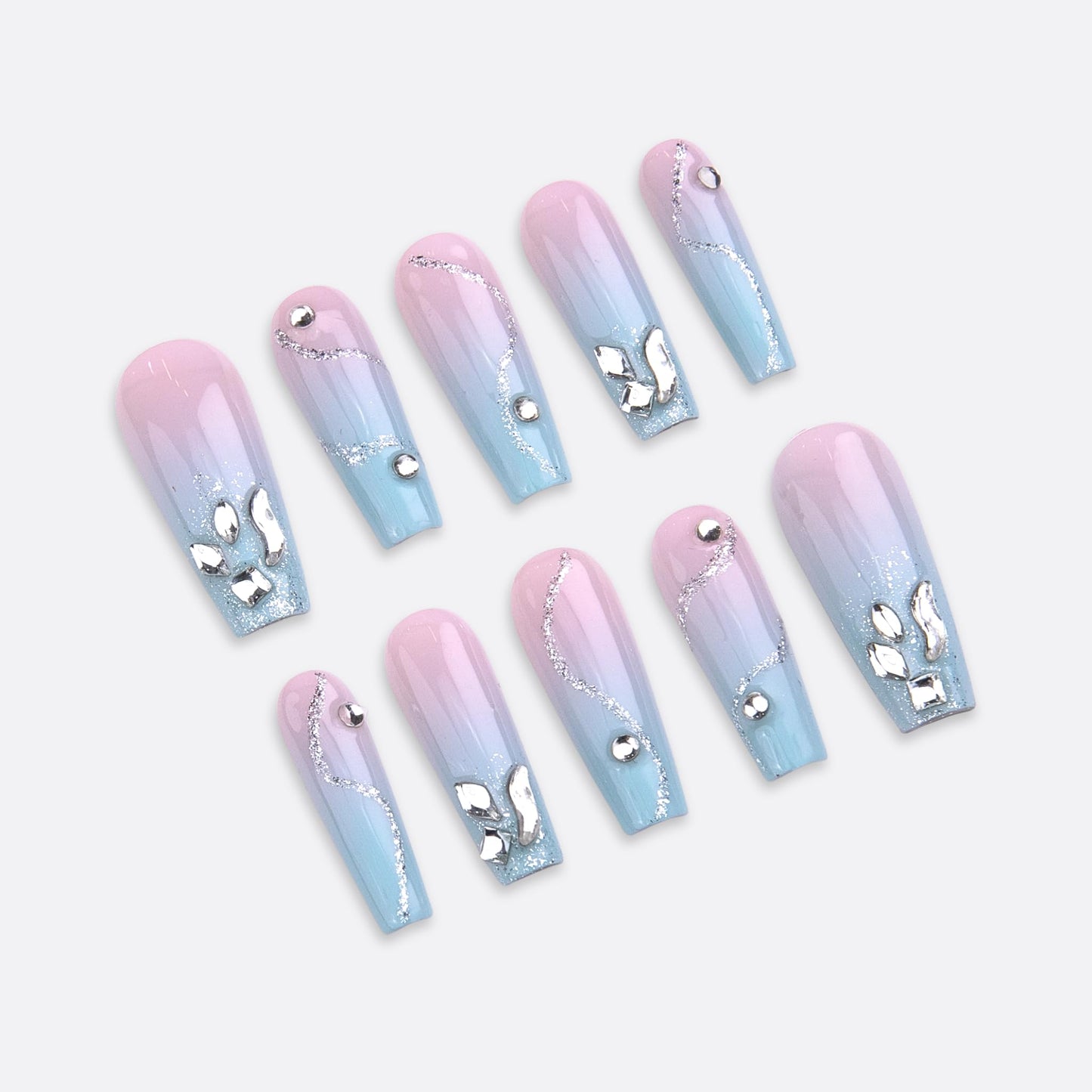 SIYOU Beauty | Mermaid Shore | Pink and Light Blue Mermaid Long Coffin Press On Nails for Women (Large) - Reusable, Salon-Quality Fake Nails (10pc)