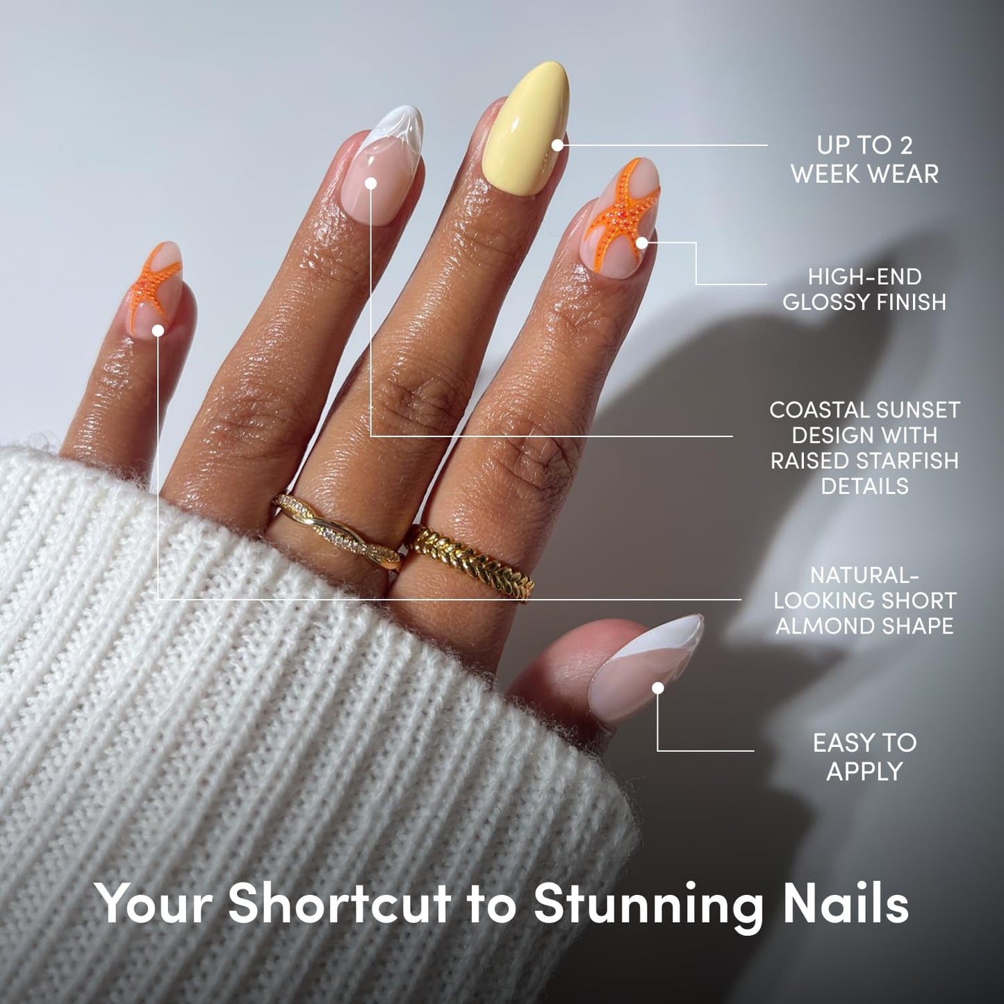 Glamnetic Press On Nails - Short Almond Fake Nails with Tropical 3D Nail Art | Salon Quality Vacation Nails | Sunset Tide |15 Sizes - 30 Nail Kit with Glue