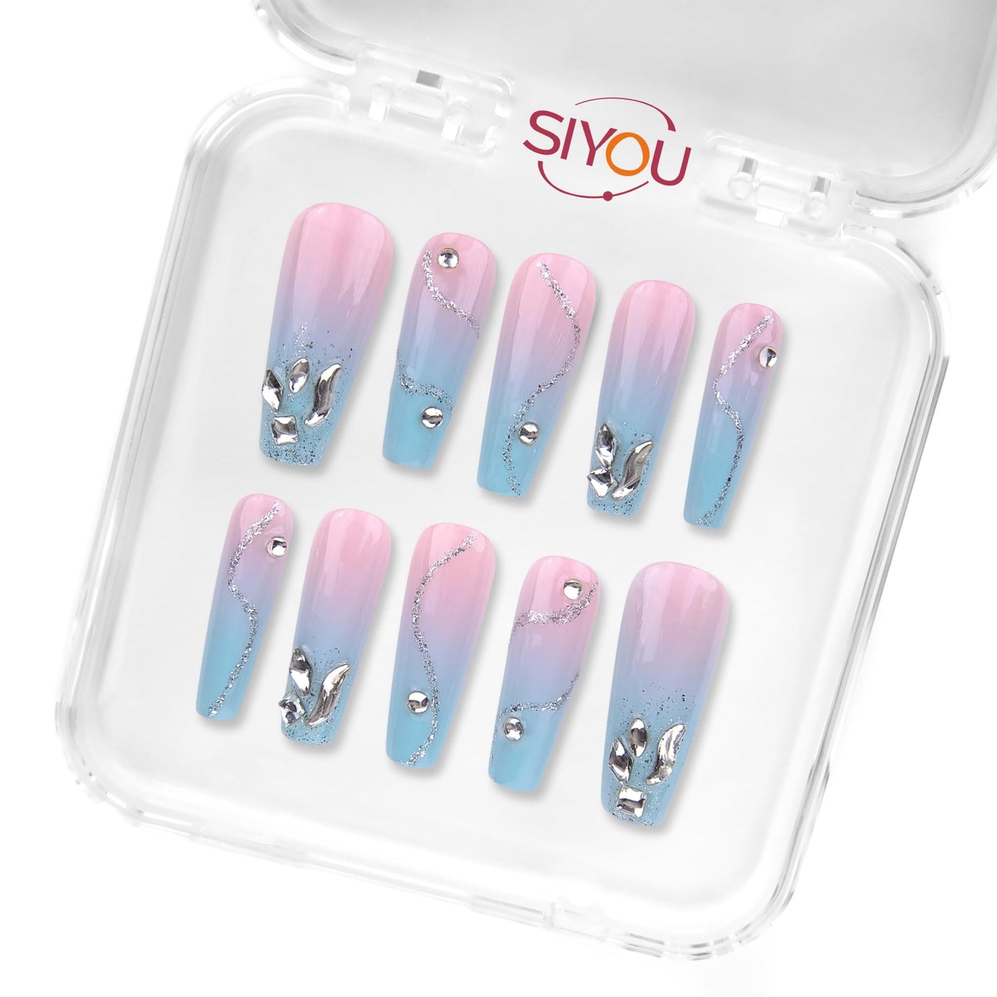 SIYOU Beauty | Mermaid Shore | Pink and Light Blue Mermaid Long Coffin Press On Nails for Women (Large) - Reusable, Salon-Quality Fake Nails (10pc)