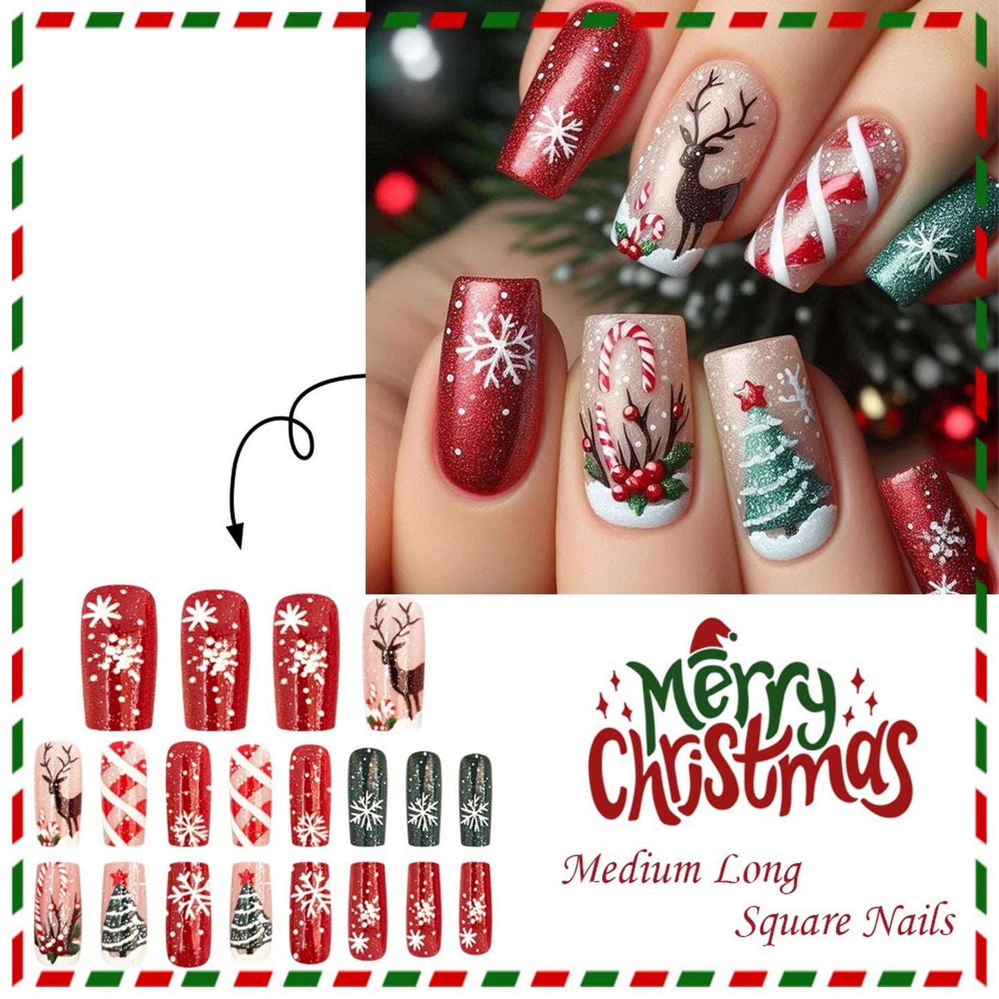 Christmas Press on Nails Medium Square Fake Nails Christmas Tree Acrylic Nails Elk and Snowflake Xmas Tree Glue on Nails for Women Nails Manicure Decoration 24 Pcs