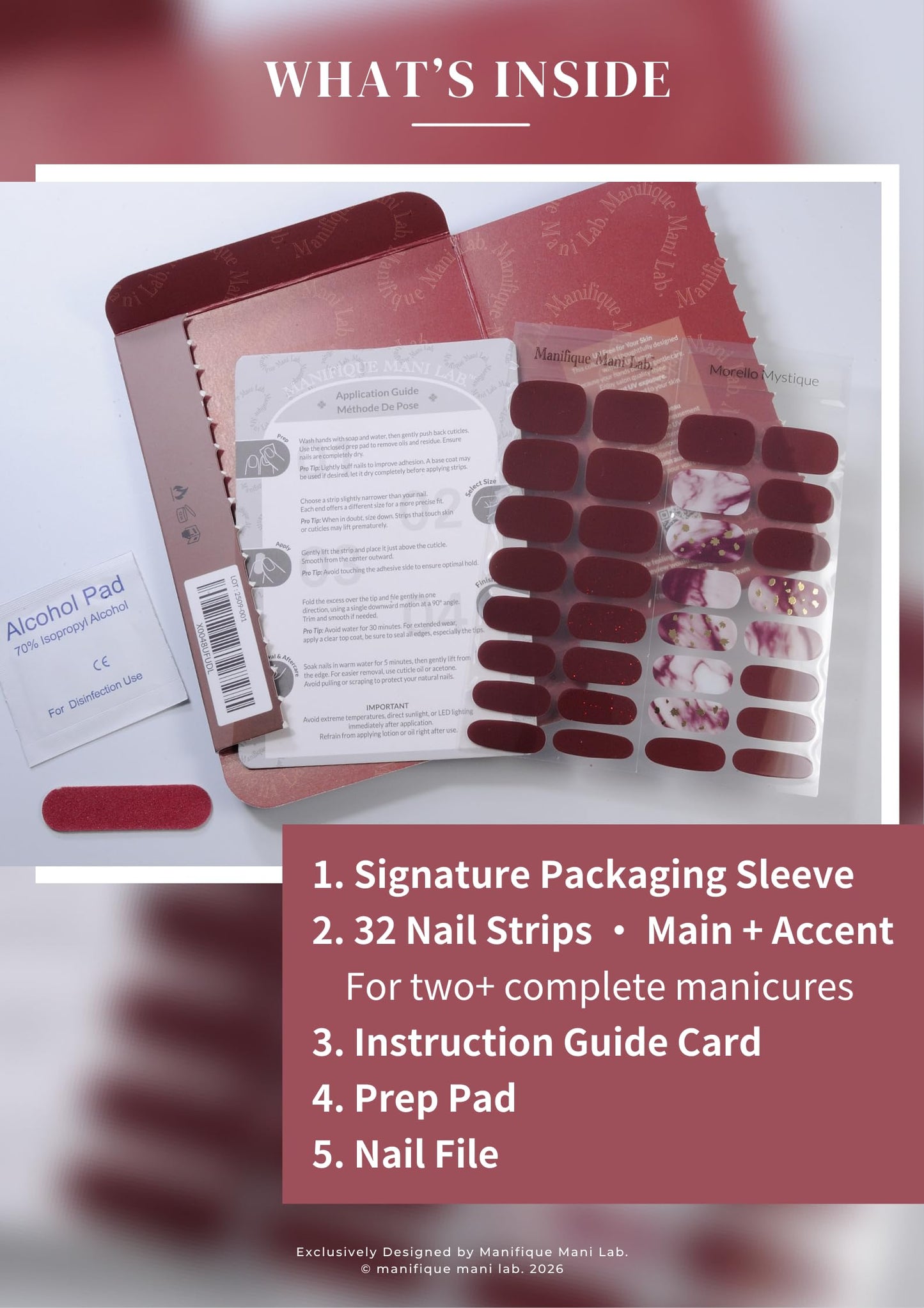 Manifique Mani Lab. Gel Nail Strips, UV Free Gel Stickers, Peel and Stick Nail Wraps, Salon Quality Nails, Long Lasting Manicure Kit, 32 Strips – Deep Red Burgundy Glitter Marble Gold Leaf
