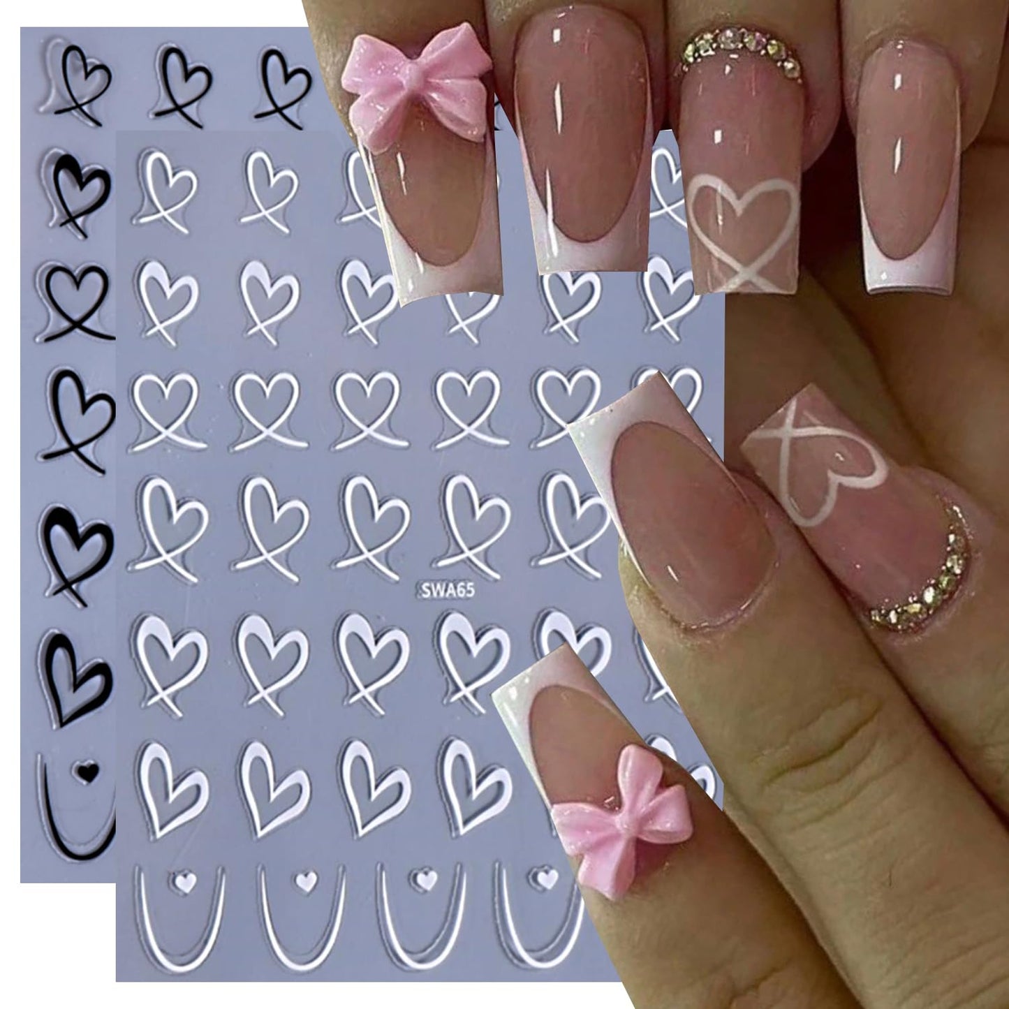3pcs Valentine's Day Nail Art Stickers 3D Black White Pink Lines Love Heart Nail Decals Irregular French Stripe Lines Simple Valentine's Design DIY Adhesive Stickers Hearts Manicure Decor for Women