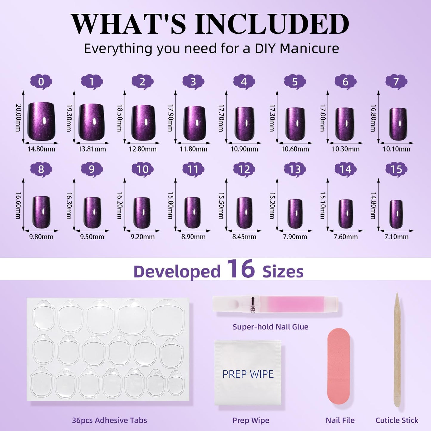 Purple Cat Eye Press On Nails - Short Square Purple Nails Press Ons for Women Fake Nails with Glue, Glossy Reusable Glue on Nail in 16 Sizes - 32pcs
