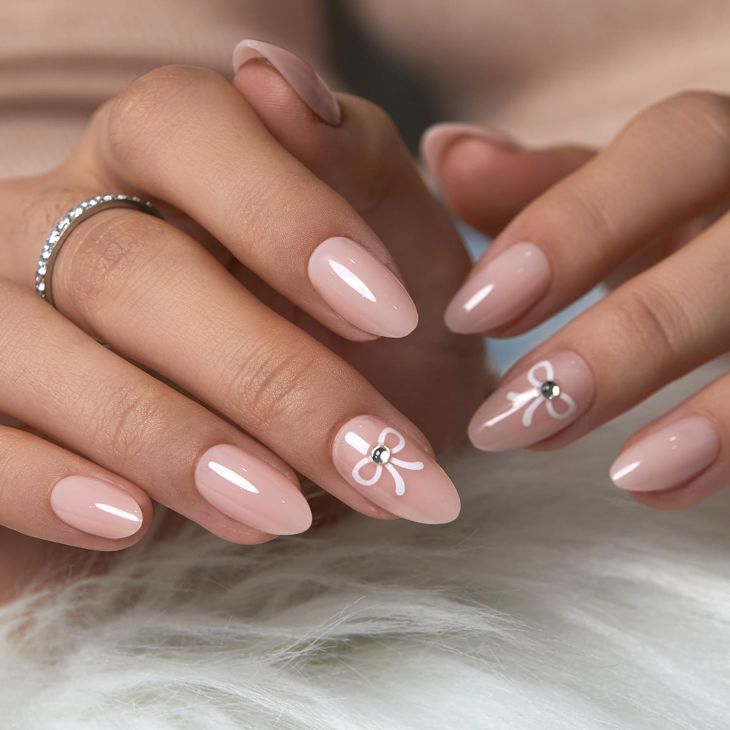 CurvLife Press On Nails Short Almond – 30Pcs Nude Pink Soft Gel Fake Nails, Glossy Glue On Nails with 3D Bow Design, Natural Fit Stick On Nails for Women & Girls