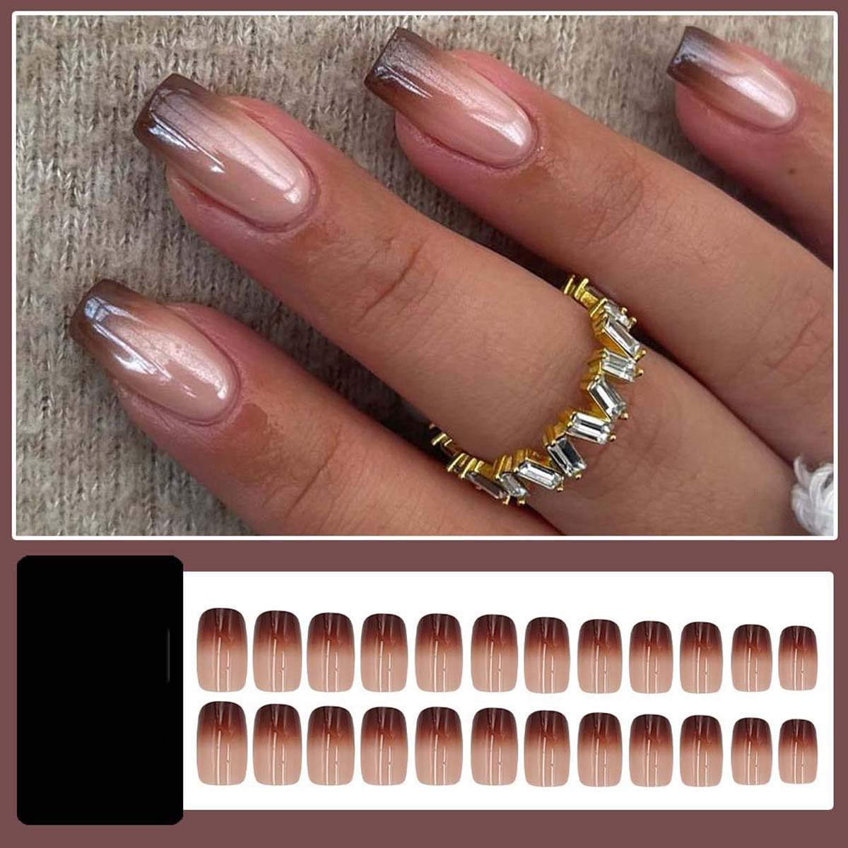 LINMEIZAI Press on Nails Short Square, Brown Ombre Fake Nails Glue on Nails Fake Nails Press ons with Glossy Designs, Cute Glossy Acrylic Nail Kit for Women Girls, Reusable False Nails, 24 Pcs