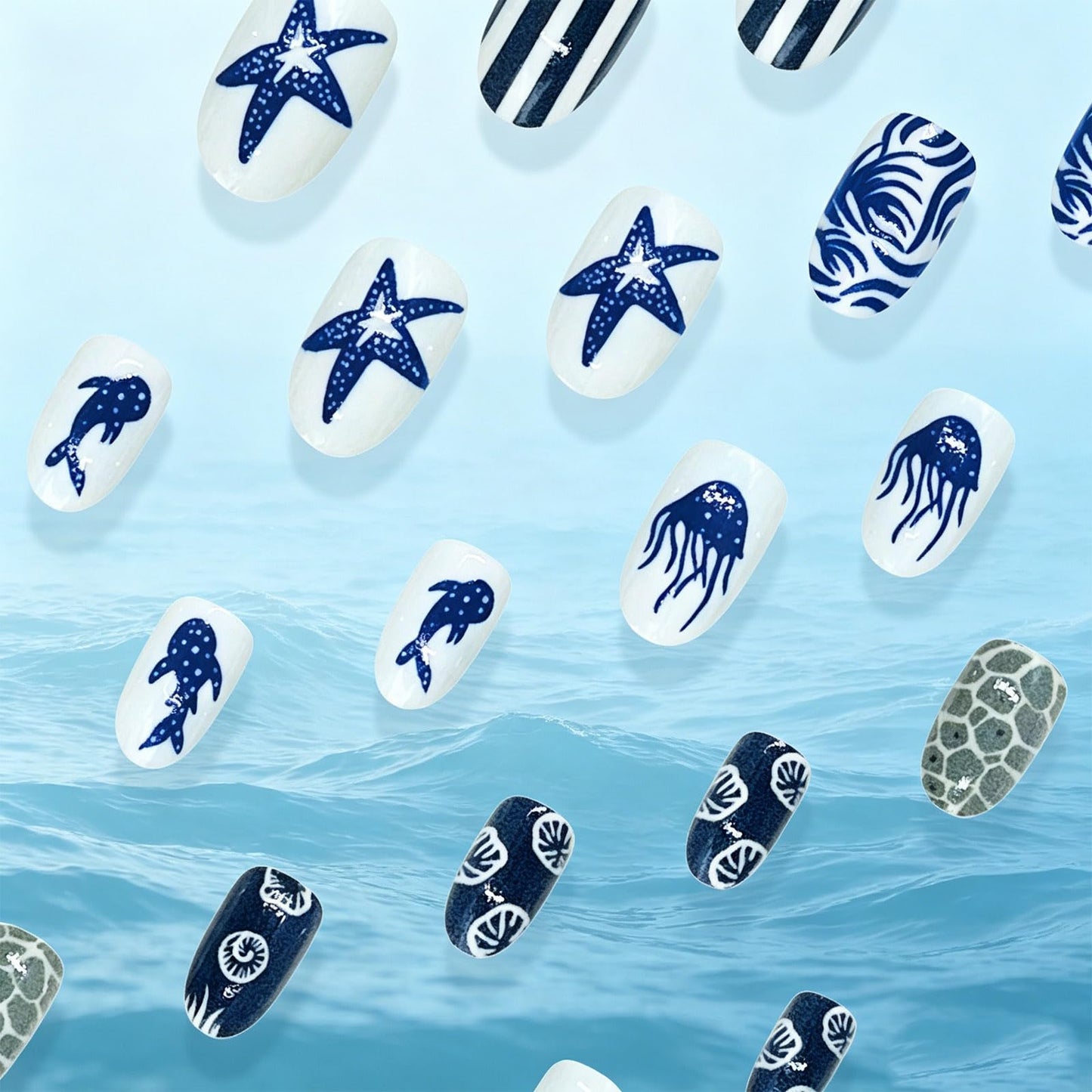 Ocean Themed Press on Nails Medium Almond, Whale False Nails, Glossy Blue Stripe Fake Nail Starfish Glue on Nail, Jellyfish Stick on Reusable Acrylic Fingernails for Women Summer Beach Daily Wear
