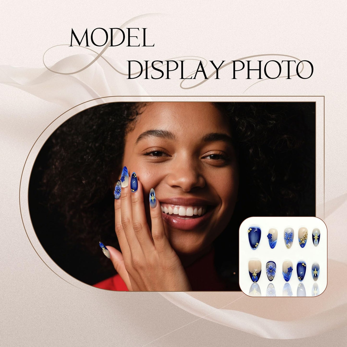 Reusable Press On Nails for Women & Girls - Short Almond Shape, Green Gradient with 3D Hand-Sculpted Florals, Holiday Party Manicure (A-Dark Blue Short, M)