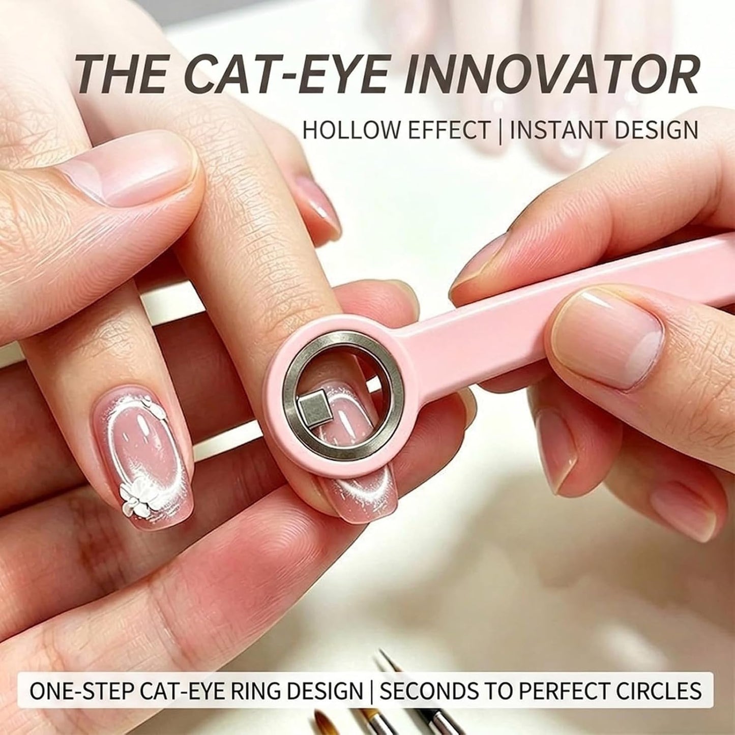 Ring-Shaped Cat Eye Magnet for Nails, Hollow Magnetic Design Circle Cat Eye Magnet for 3D Halo French Tip Nail Art, Home Salon DIY Manicure Tool (1Pcs-Pink)