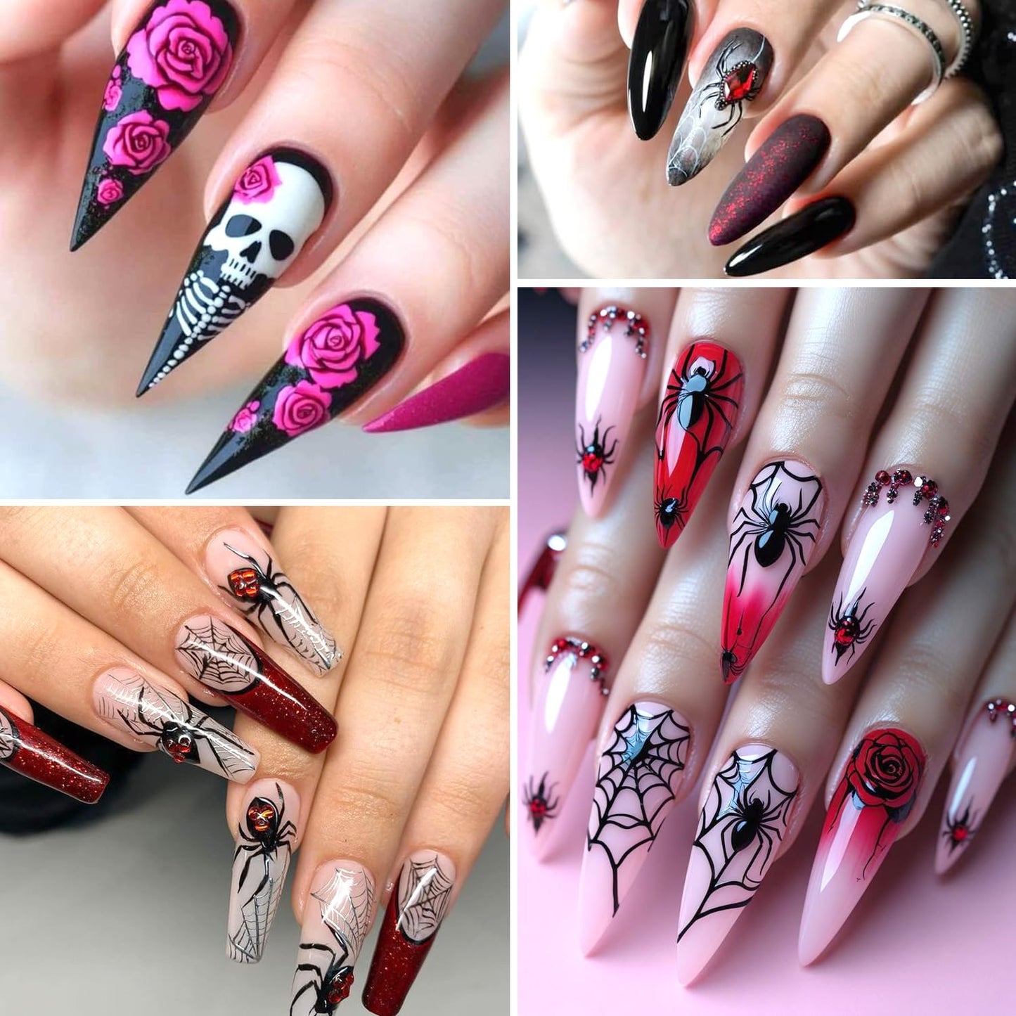 2Sheets Halloween Nail Art Stickers 5D Embossed Pink Skeleton Heart Nail Decals Self-Adhesive Spider Web Spider Stickers with Rhinestone Charms Design Nail Decal Rose Skull Nail Sticker for Women