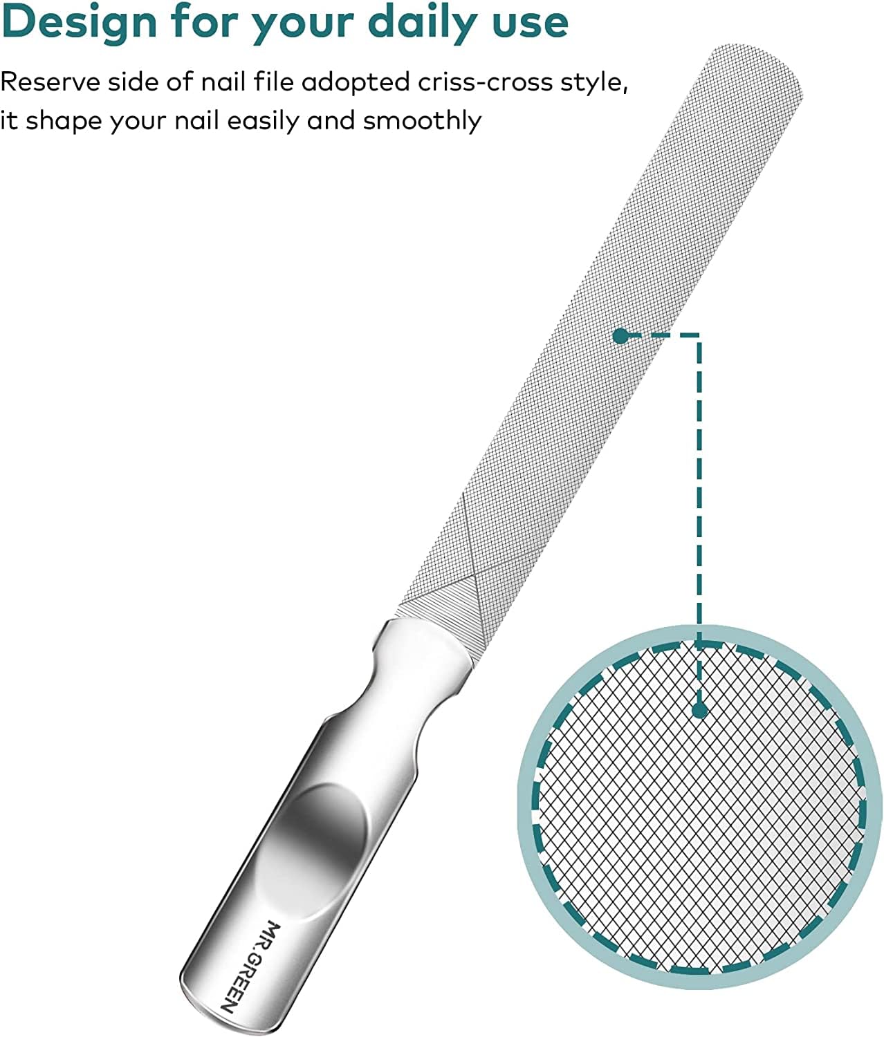 MR.GREEN Stainless Steel Nail File with Anti-Slip Handle and Leather Case, Double Sided and Files Nails Easily for Men and Woman