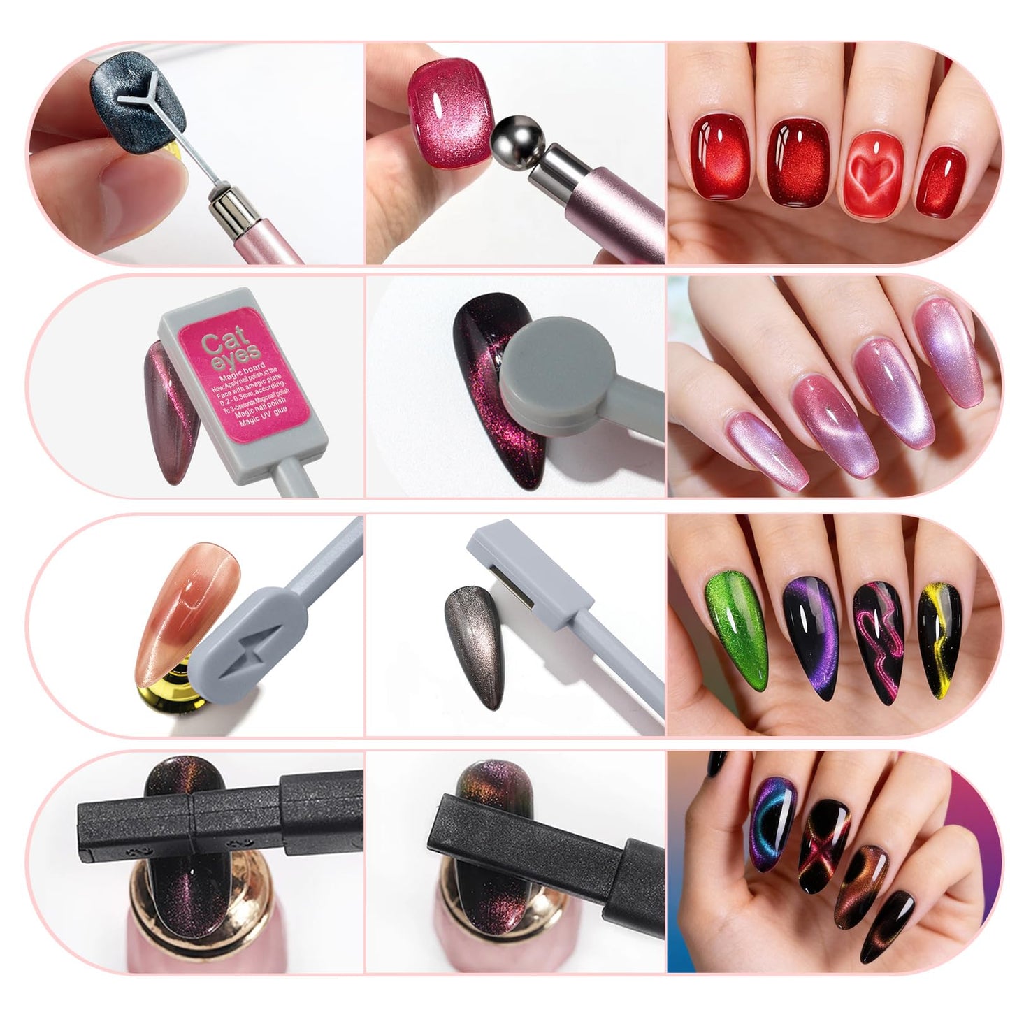 YECIRALA 10 Pcs Cat Eye Magnet For Nails Magnet Tool Set With 1 Pcs Y-Shape Iron Molds, 10 Uniquely Shaped Nail Magnet For Nails Strong Magnetism Cylinder Cat Eye Gel Nail Polish Magnet Sticks Tools