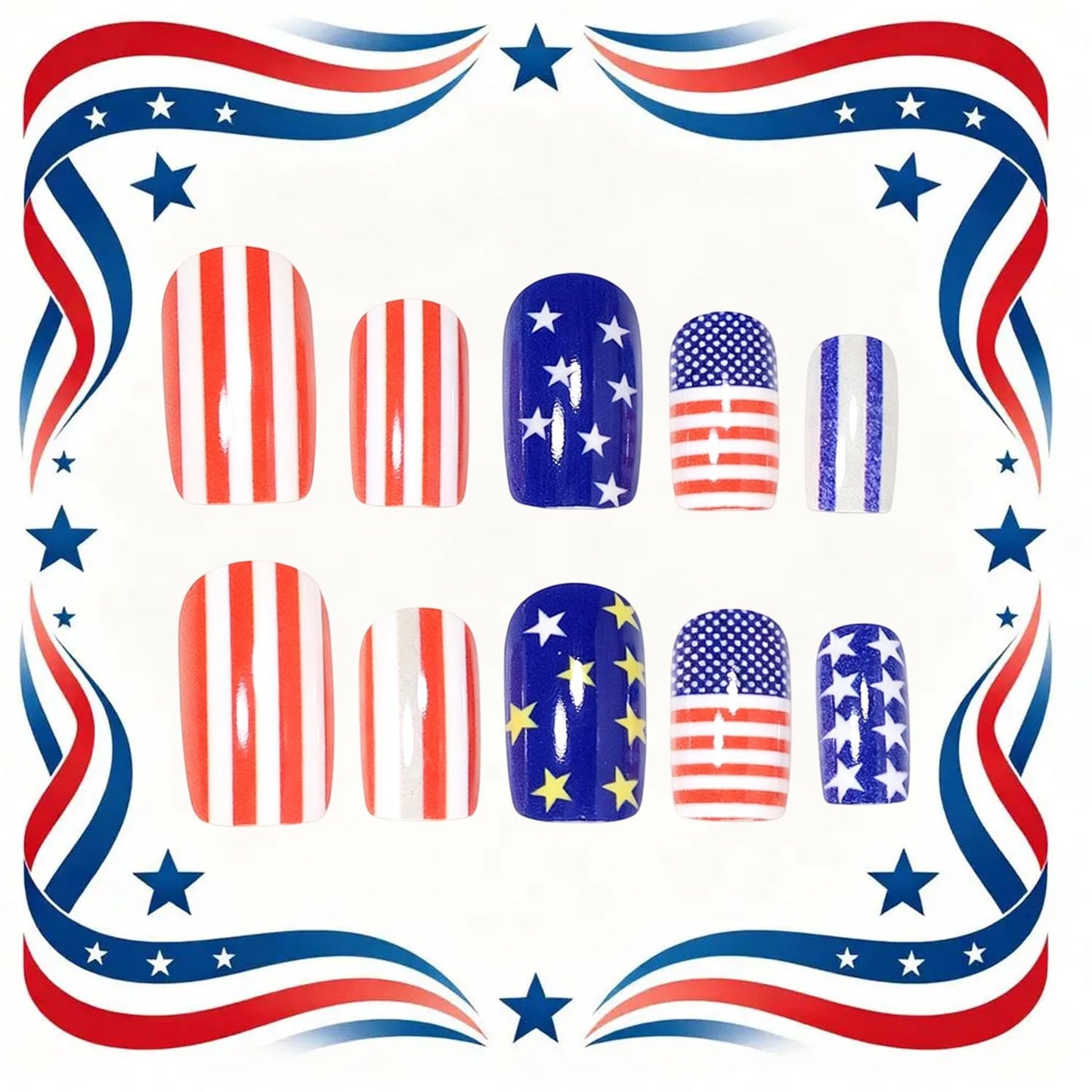 4th of July Press on Nails Medium Length Acrylic Nail Red White Lines with Color Stars Glitter Fake Nails Square Shaped Independence Day Press Ons Artificial Fingernails for Women Holiday Manicure