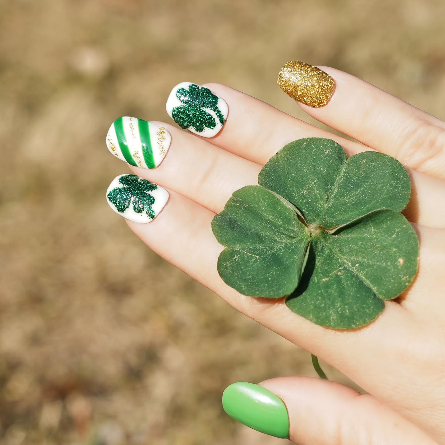 Tesytto Green & Gold Glitter Extra Short Squoval Press On Nails, Handmade Clover and Stripe Design, Reusable Full Cover Acrylic Nails (Size L)