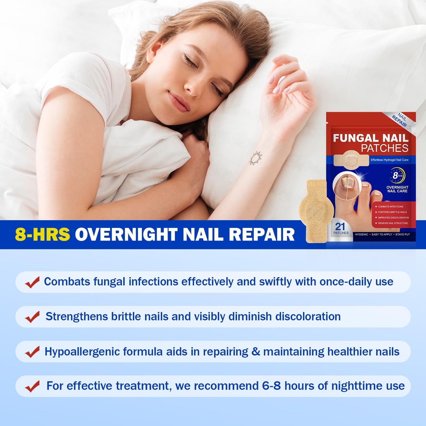 Nail Patches 21 PCS Toenail Treatment Extra Strength 8-Hour Fast Acting Repair Damaged Nails Overnight Nail Repair Effortless Hydrogel Nail Care Renewal for Men and Women