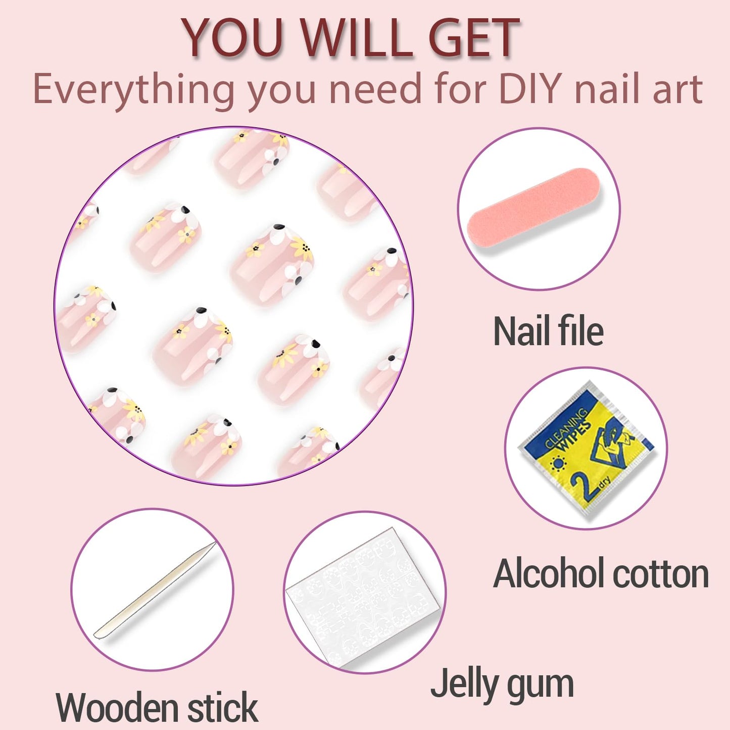 Press On Nails Short, Acrylic Nails Press on, Short Square Press on Nails Fake Nails Glossy False Nails with Flowers French Tip Nails Press ons Designs Artificial Nails Stick on Nails for Women 24Pcs