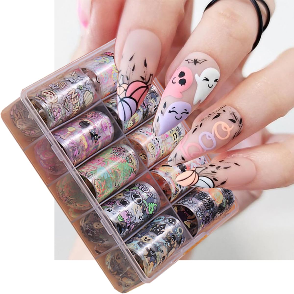 Halloween Nail Art Foils Transfer Stickers Halloween Nail Art Stickers Decals 10Rolls Pumpkin Spider Web Ghost Spider Nail Foils Adhesive Decals Nail Supplies for Women Holiday DIY Manicure Decoration