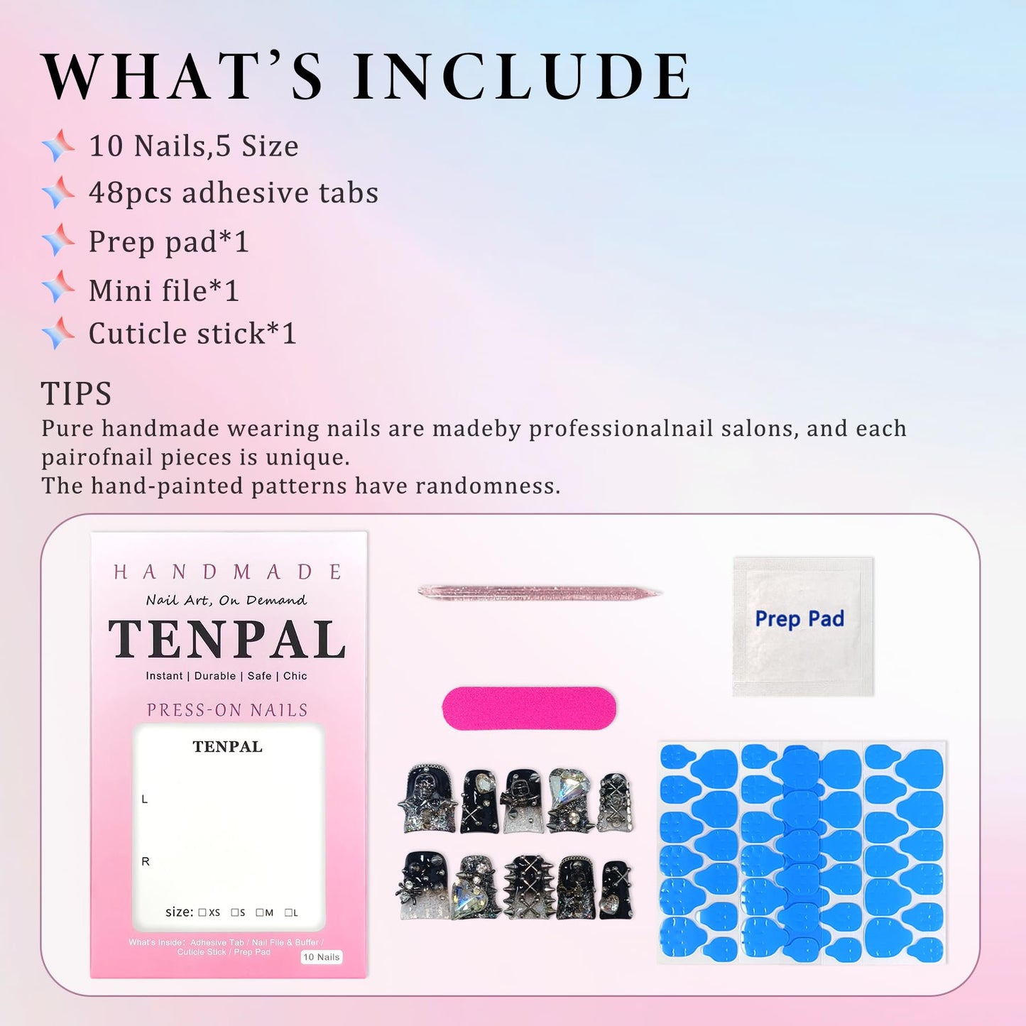 TENPAL 10Pcs Gothic Duck Nails Handmade Thick Press on Nails with Clip,Punk Studs Crystal Skull Short Duck Fake Nail Tips,Glossy Black Duckbill for Halloween Party,Reusable Dark Glam Glue on Nails(S)