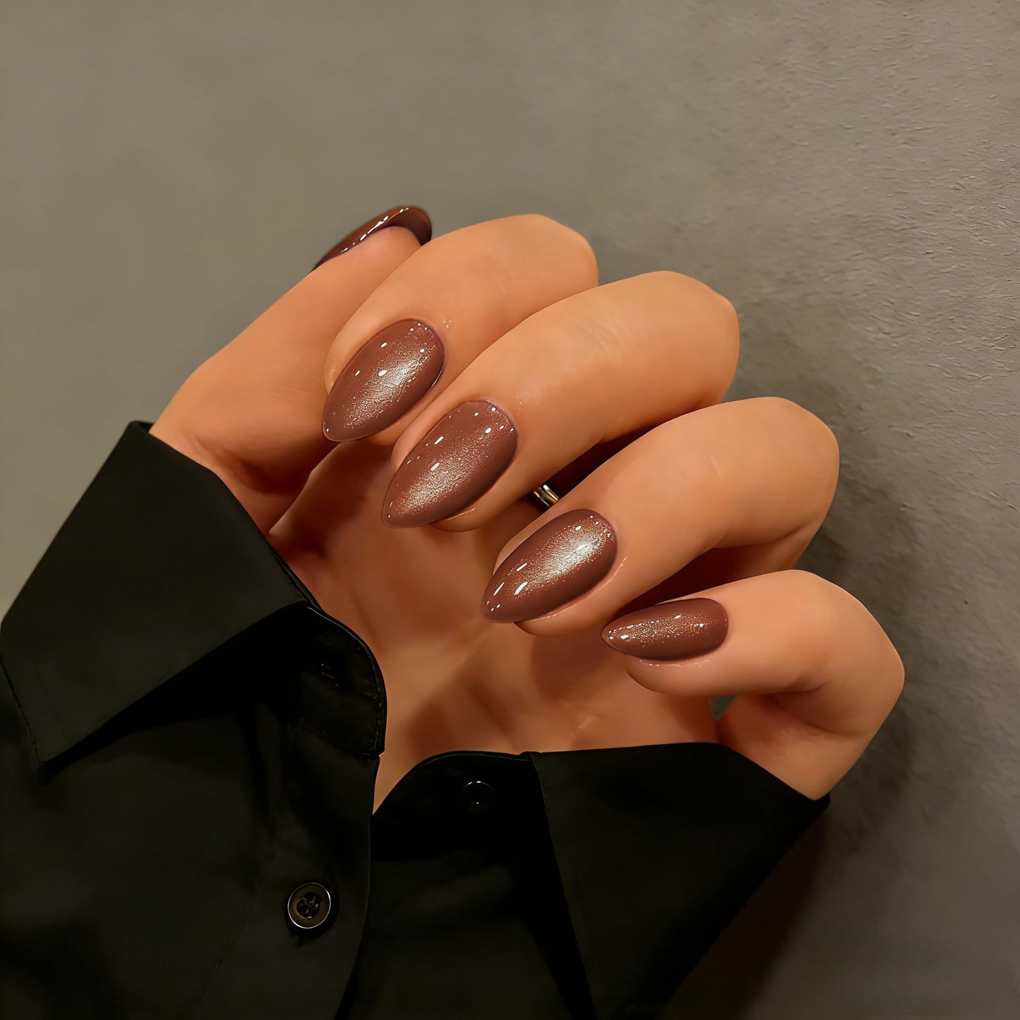 KQueenest Cat Eye Press On Nails Short Almond - Light Brown Press On Nails Short Stiletto, 32 Pcs 16 Sizes Glitter Fake Nails Press ons, Upgrade Thick Quality, Reusable Bling Glue on Nail for Women