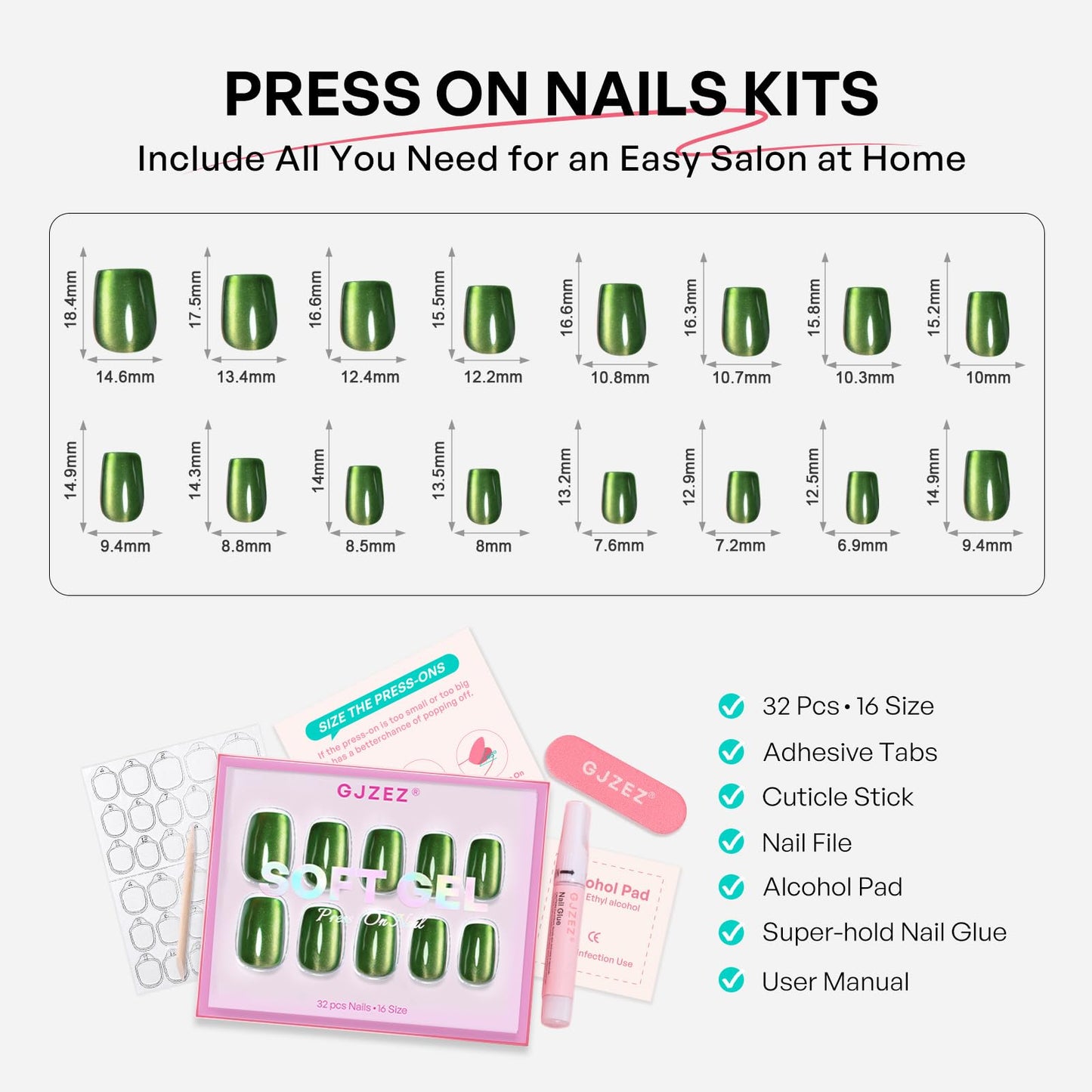 Cat Eye Press on Nails Green - GJZEZ Soft Gel Glossy Glass Cateye Square Magnetic Fake Nail Press ons, Elegant St. Patrick's Day Press On Nails for Women | 16 Sizes - 32 pcs Reusable Nail, Emerald