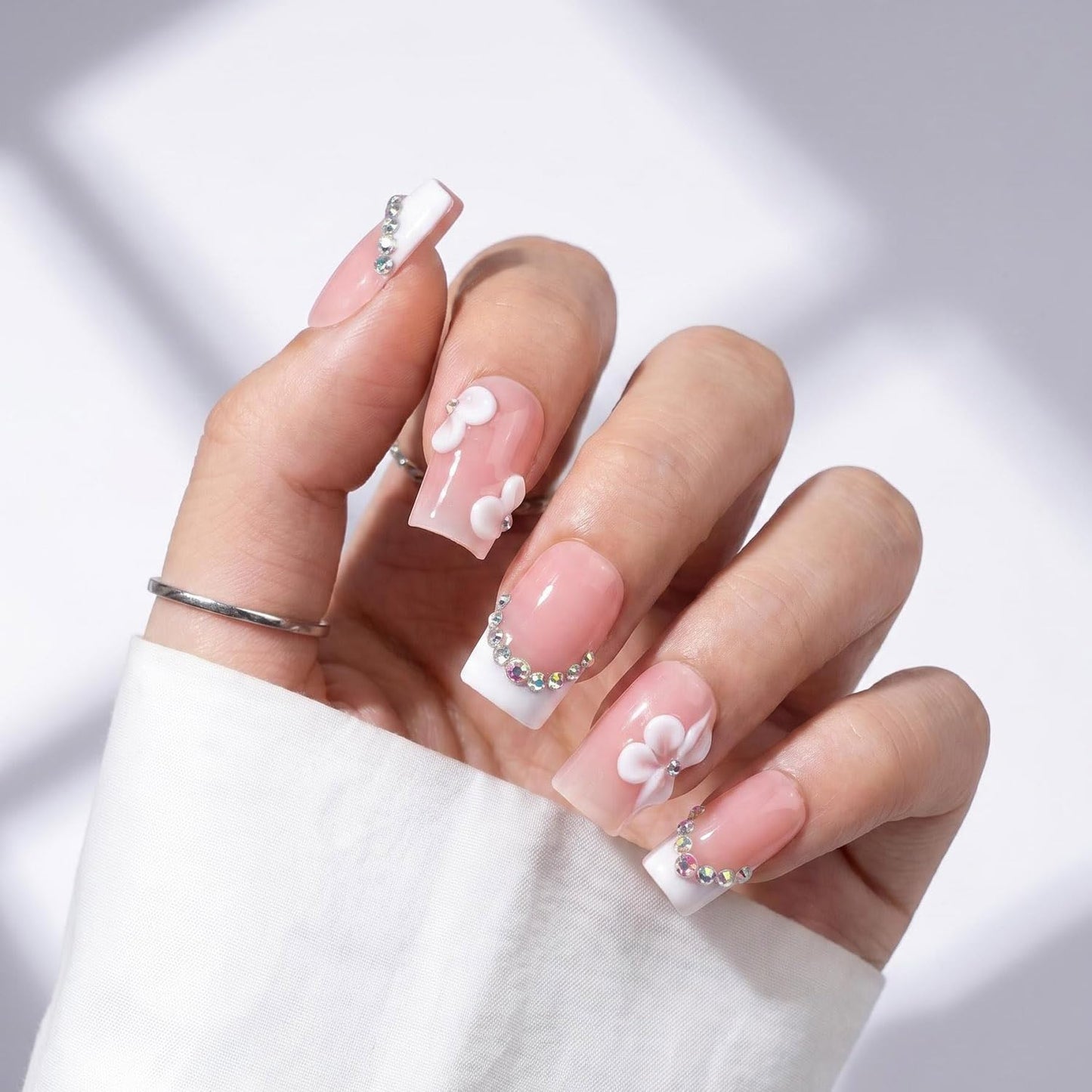 EasierGlow 10 Pcs Handmade Short Square Press On Nails - Easy Apply & Remove, Reusable Salon Quality | Pink White French Press Ons with 3D Flower & Iridescent Rhinestone Chain Accents (EGB01, S)
