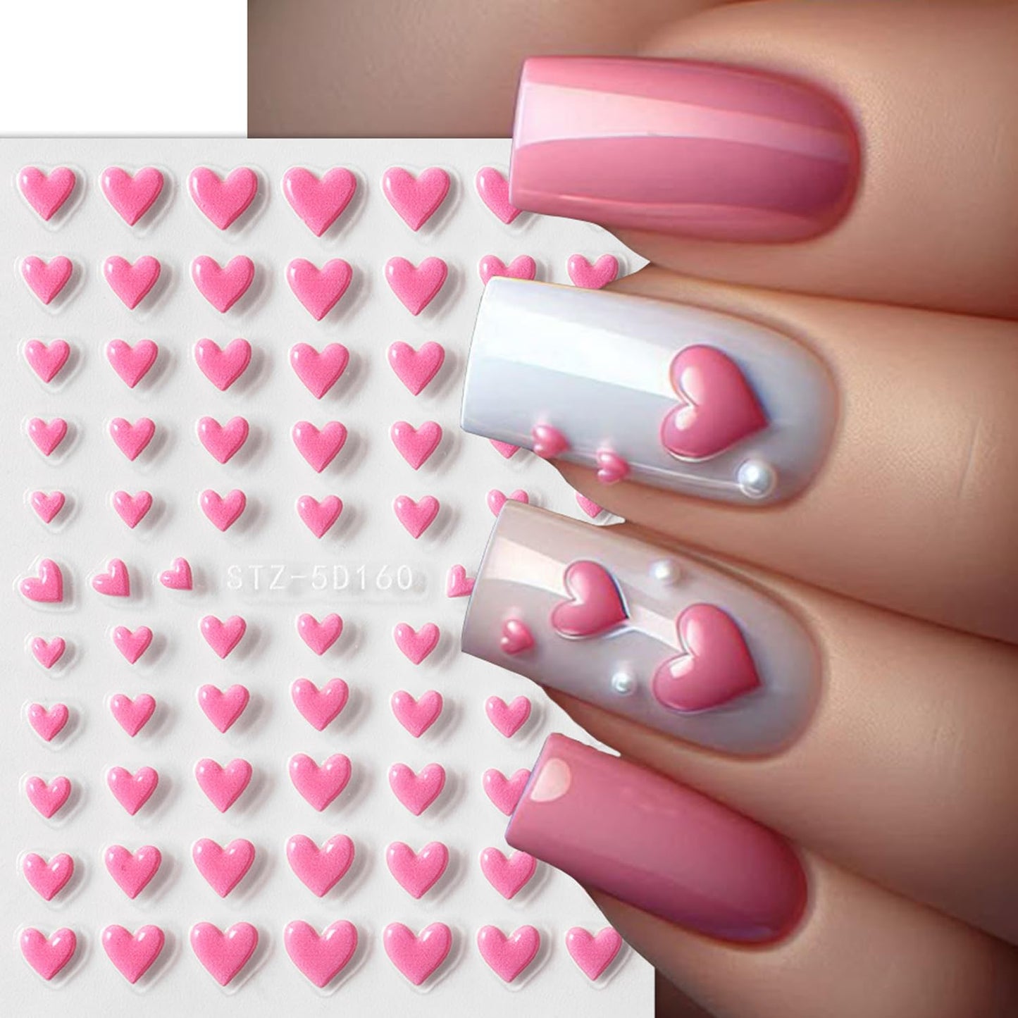 4Pcs Valentine's Nail Art Stickers Decal - 5D Embossed Pink Heart-Shaped Nail Stickers with Adhesive for Valentines Romantic Love Red Hearts Nail Transfer Slider Sticker for Women Manicure Decor
