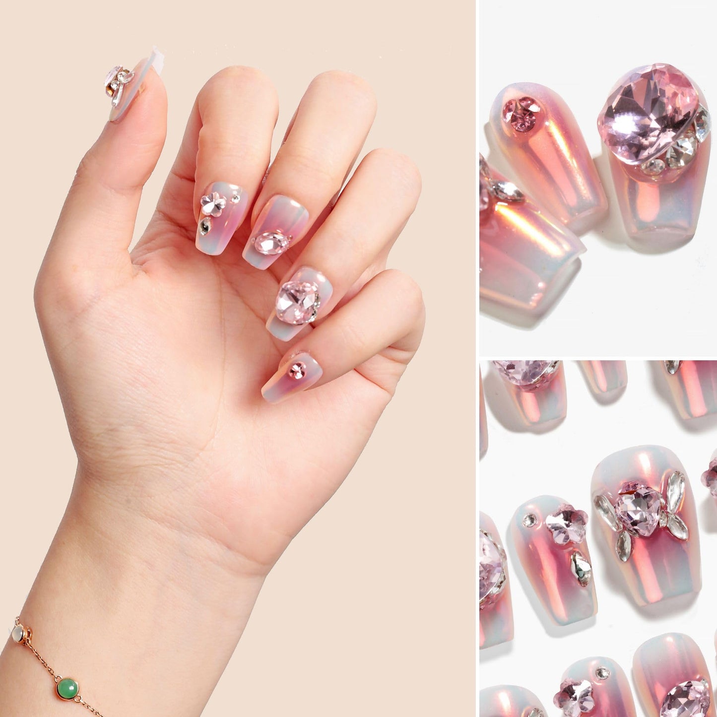 Sun&Beam Nails Handmade Press On Short Coffin Pink Metallic Design Charming Cute False Nail Tips 10 Pcs (#101 M)