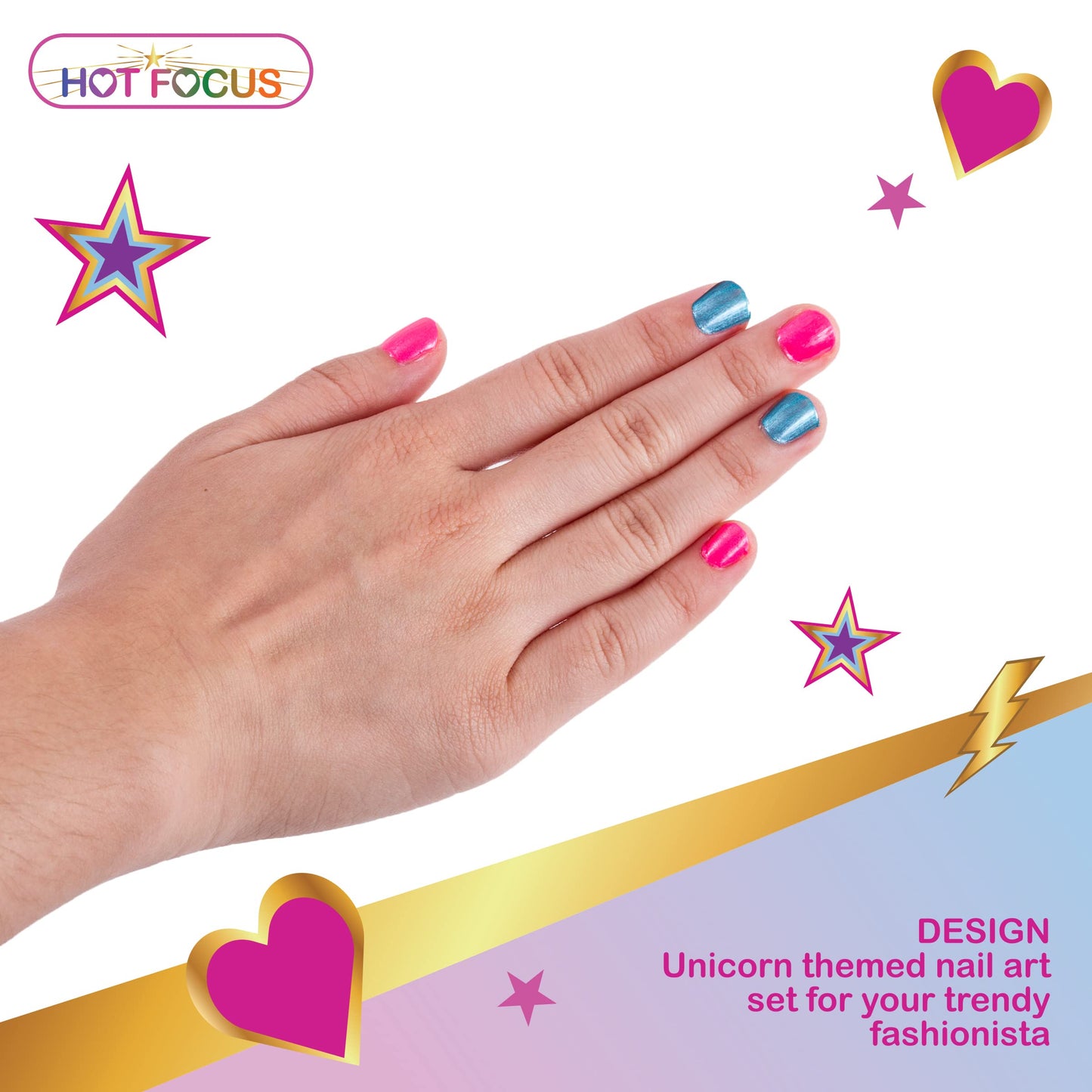 Hot Focus Scented Nail Boutique – 168 Piece Unicorn Nail Art Kit Includes Press on Nails, Nail Patches, Nail Stickers, Nail Polishes, Nail File and Ring – Non-Toxic Water Based Peel Off Nail Polish