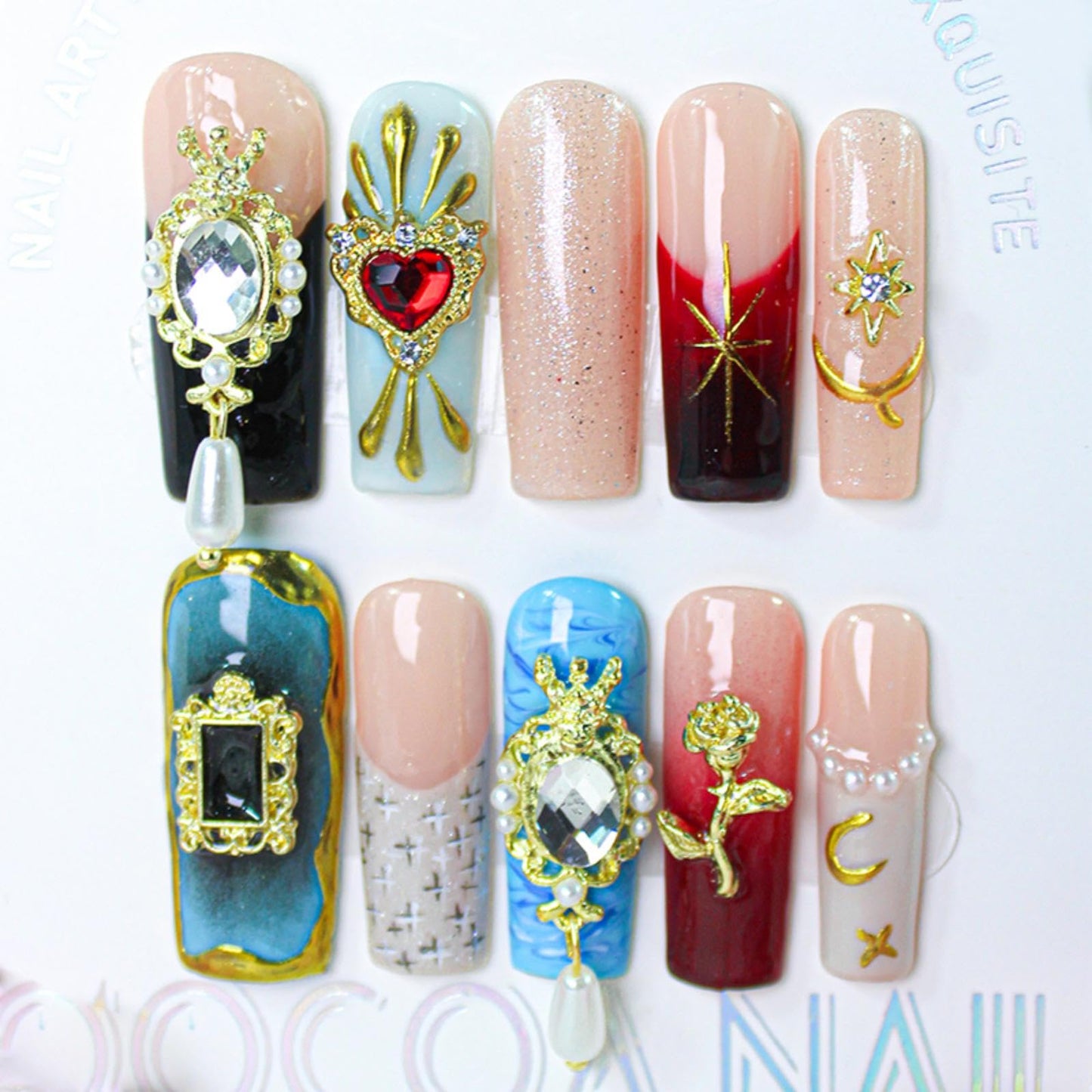 Maigitur 100% 5D Handmade Press on Nails with Charms Long Square Nails Press ons- French Tips False Nails Diamond Rose Heart Charms Press on Nails for Women Girls Daily Wear DIY Manicure Size M
