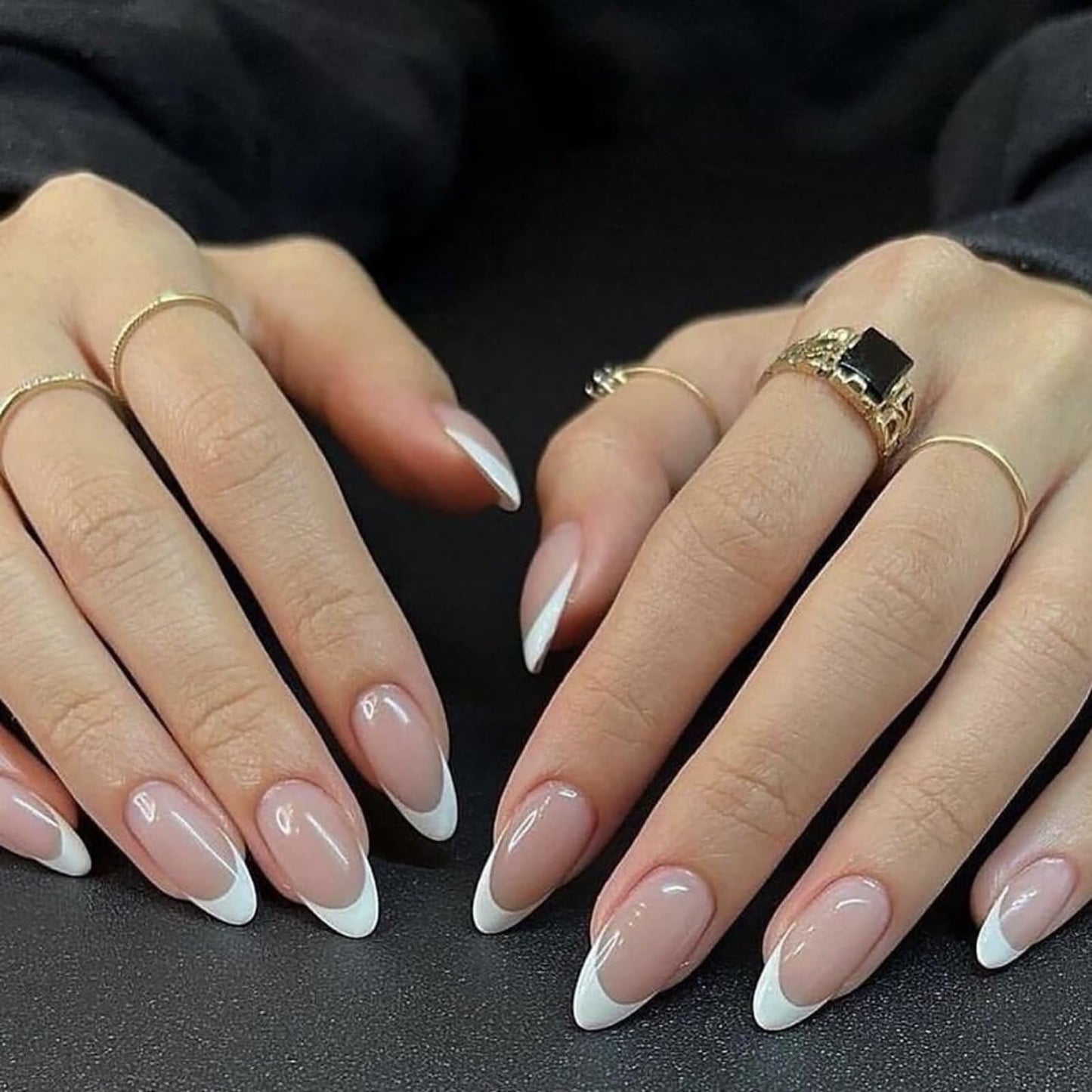 French Tip Press on Nails Medium Almond Fake Nails Nude Pink White Nails Press ons Acrylic Nails False Full Cover Artificial Stick on Nails for Women Girls 24 Pcs
