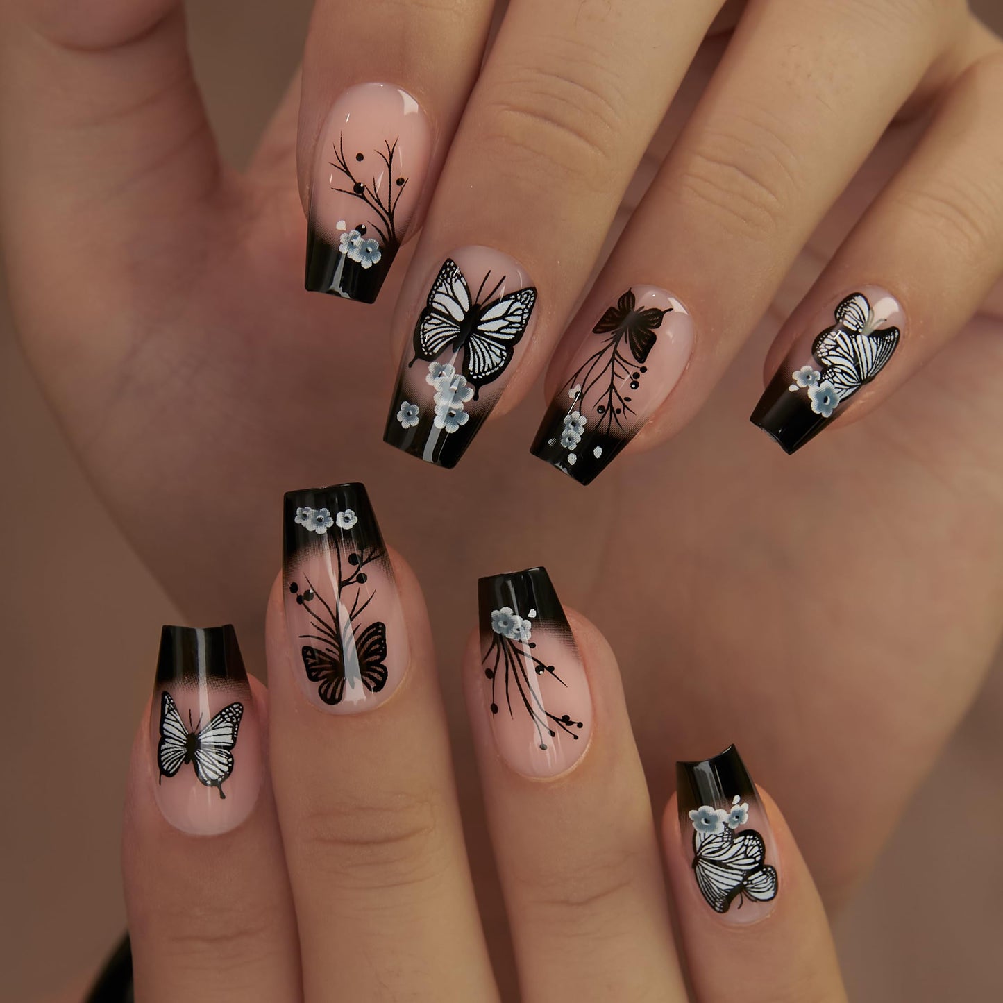 Curvlife 30pcs Press on Nails, Acrylic Fake Nail with Apricot Design, Full Cover False Nails Tips Glossy Nude Glue on Nails Artificial Stick on Nails for Women (black butterfly nails, Medium)