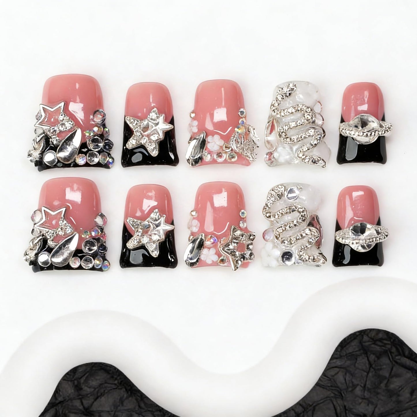 Rhinestone Handmade Press on Nails Duck Fake Nails Black French Tip with 3D Flower Stars Designs Luxury Handmade Rhinestone Charm Sparkly Muti-Layer Gel Acrylic Nails for Women 10Pcs (S）