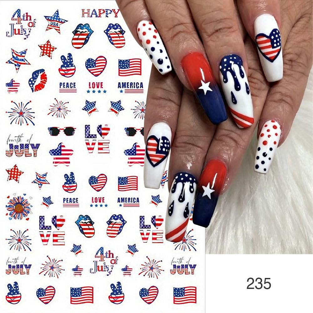 4th of July Nail Art Stickers Red Blue White American Flag Nail Stickers Fireworks Eagle Nail Decals Independence Day Patriotic Nail Art Supplies for Women DIY Manicure Nail Decoration 6Pcs