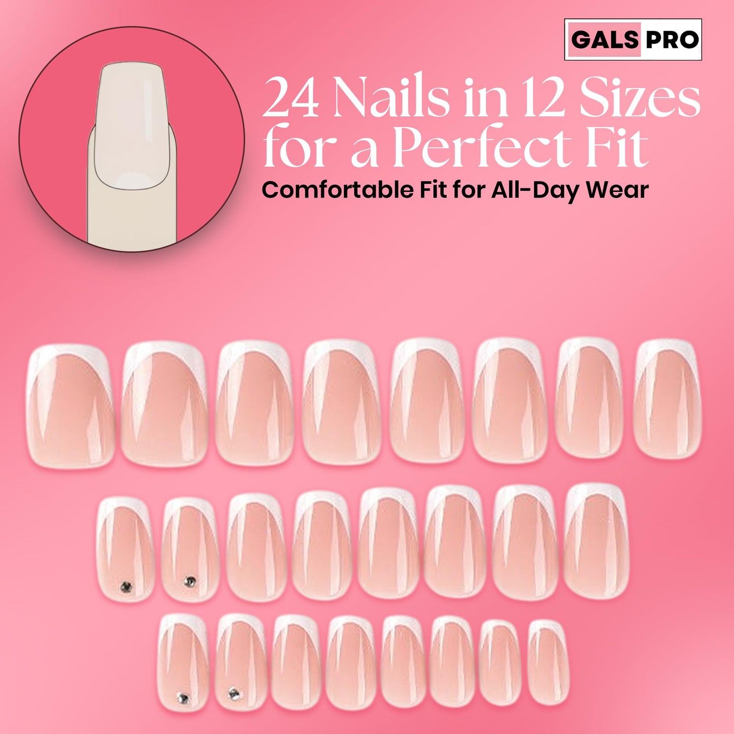 GALSPRO Short Press on Nails - Set of 24 Fake Nails with Designs in 12 Different Sizes for Perfect Fit, Cute False Nails Kit for Women with 0.07oz Nail Glue (FEMININE GLOW SQUARE SHAPE, Short)