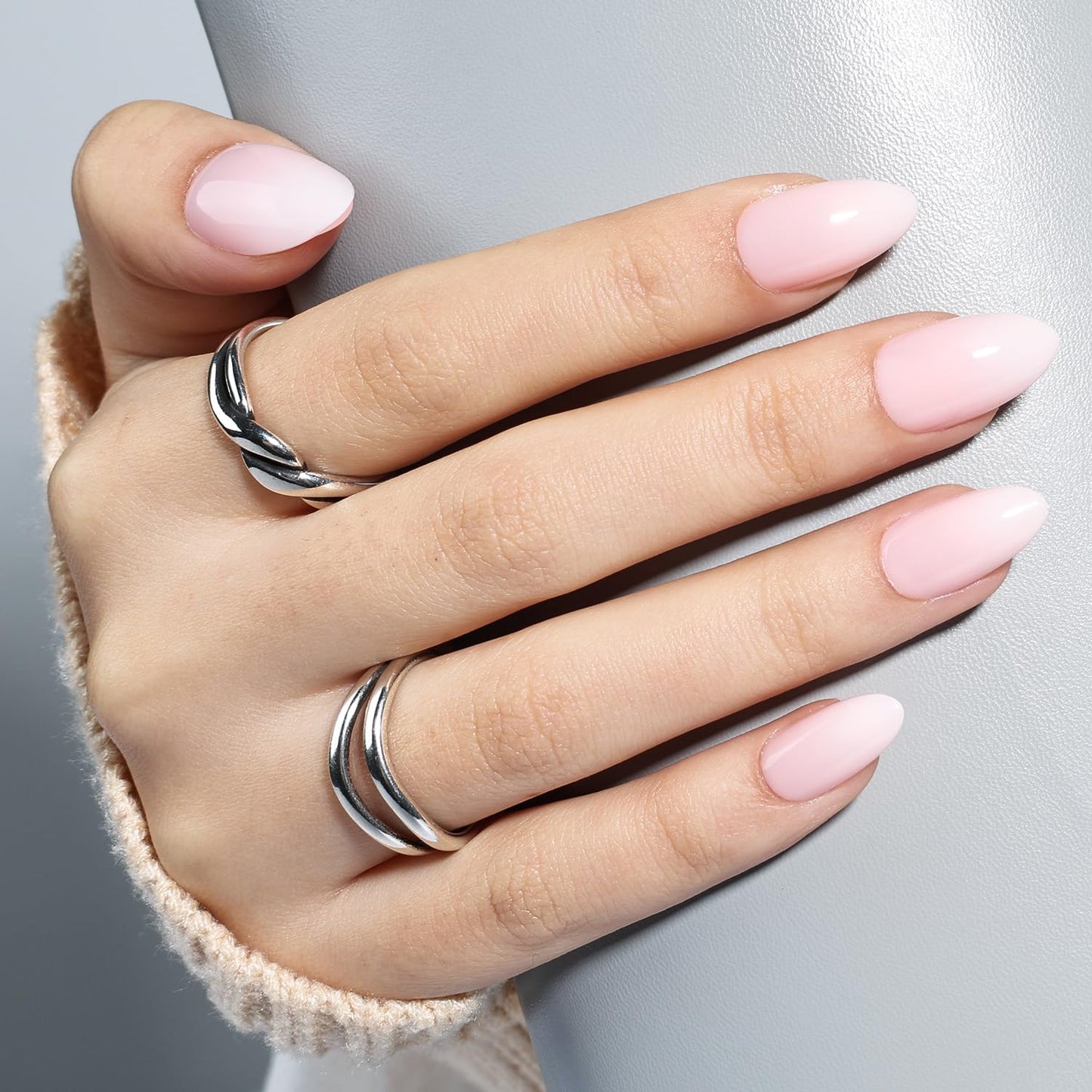 Leefrei Light Pink Press On Nails - Glossy Finish Pink Fade Press On Nails Short Almond Nails Press Ons for Women Fake Nails with Glue, Reusable Glue on Nail in 16 Sizes - 32pcs, Blush Milk