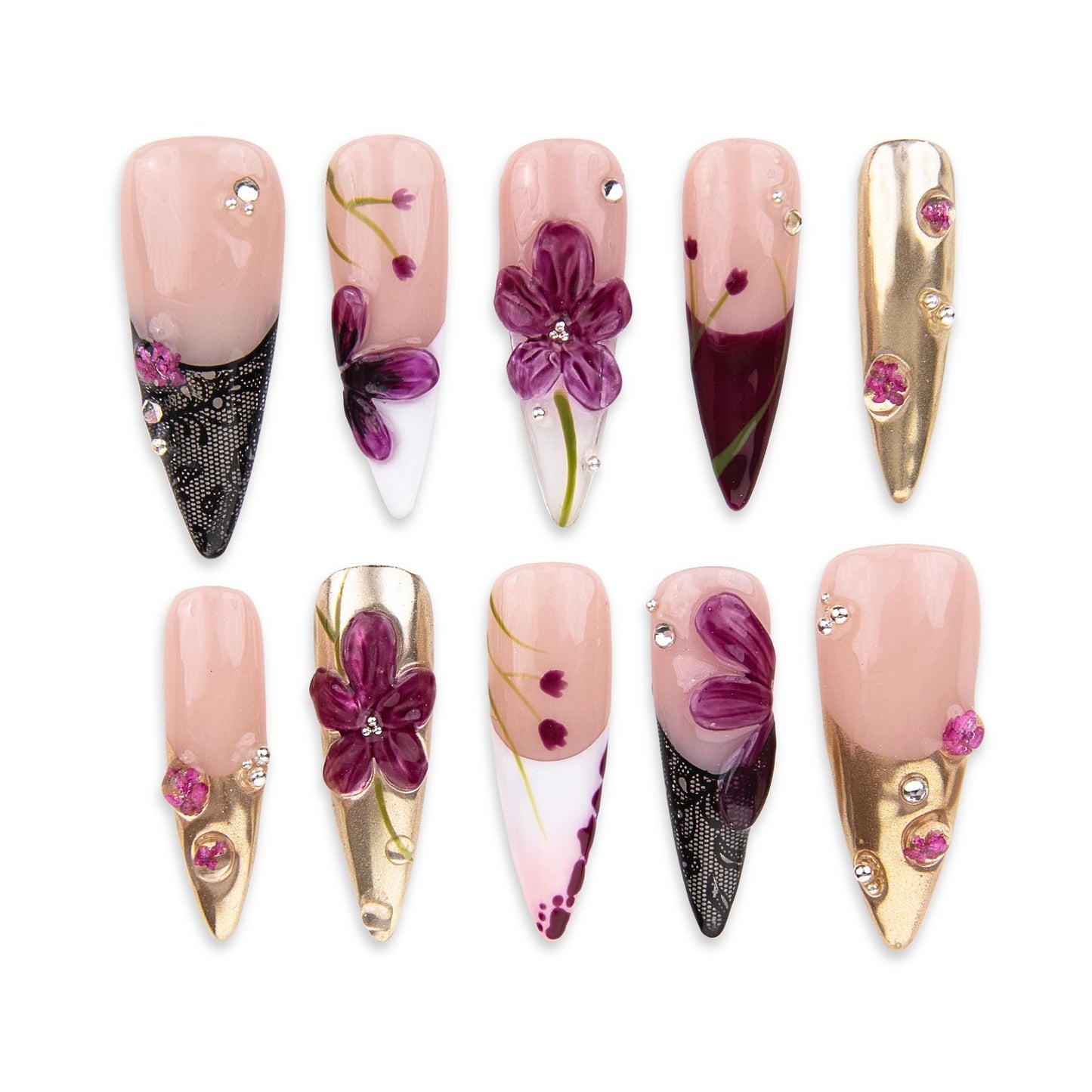 SIYOU Beauty | Classic Gold Bloom | Pink, Purple, and Gold Floral Medium Stiletto Press On Nails for Women (Medium) - Reusable, Salon-Quality Fake Nails (10pc)
