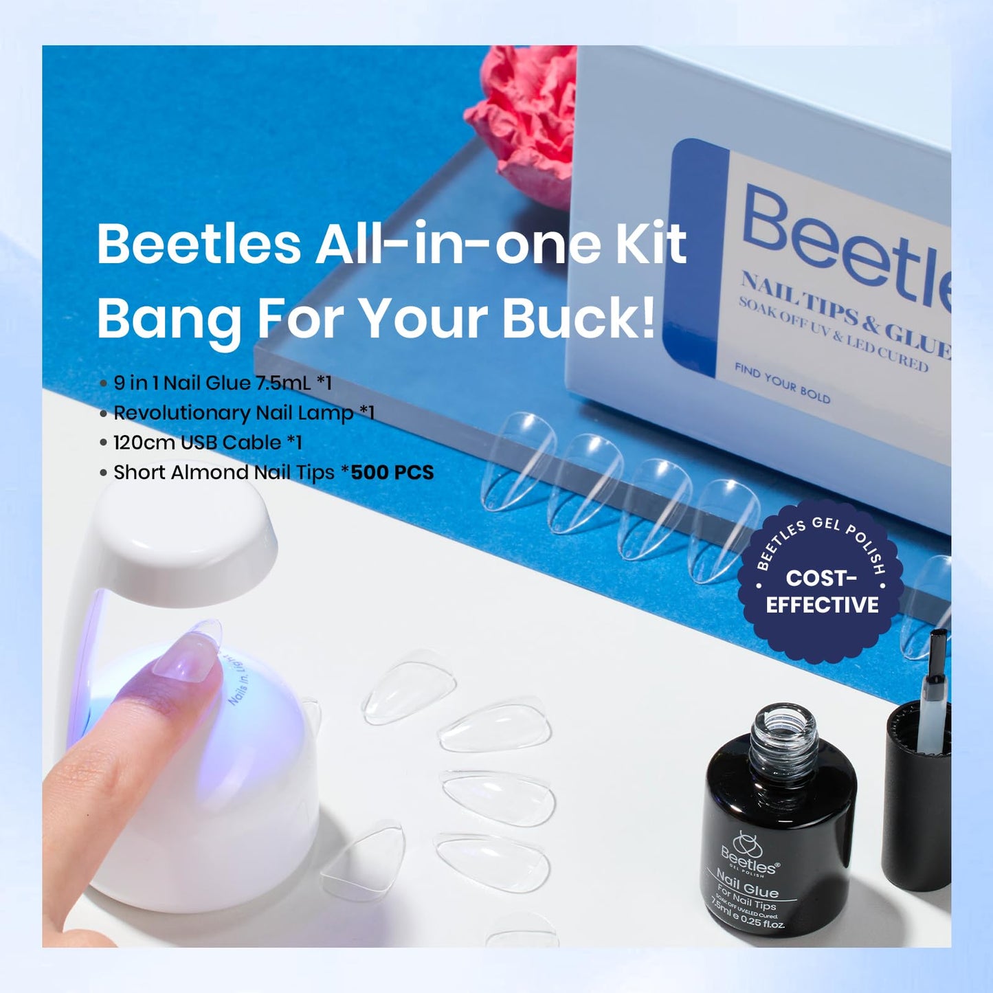 Beetles Gel Nail Kit 504Pcs Short Almond Gel Nail Tips with 9 in 1 Nail Glue Nail Extension Set Uv Led Lamp Acrylic False Tips Kit DIY Nails Art Gifts for Women