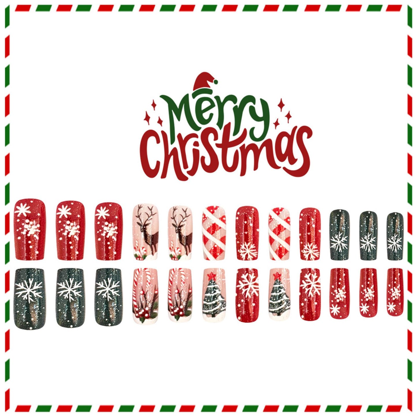 24Pcs Brown Elk Press on Nails Christmas Tree Gel Glue on Nail Christmas Medium Square False Nails Snowflake Stick on Fingernails Glossy Red Stars Acrylic Fake Nail for Women Xmas Gift