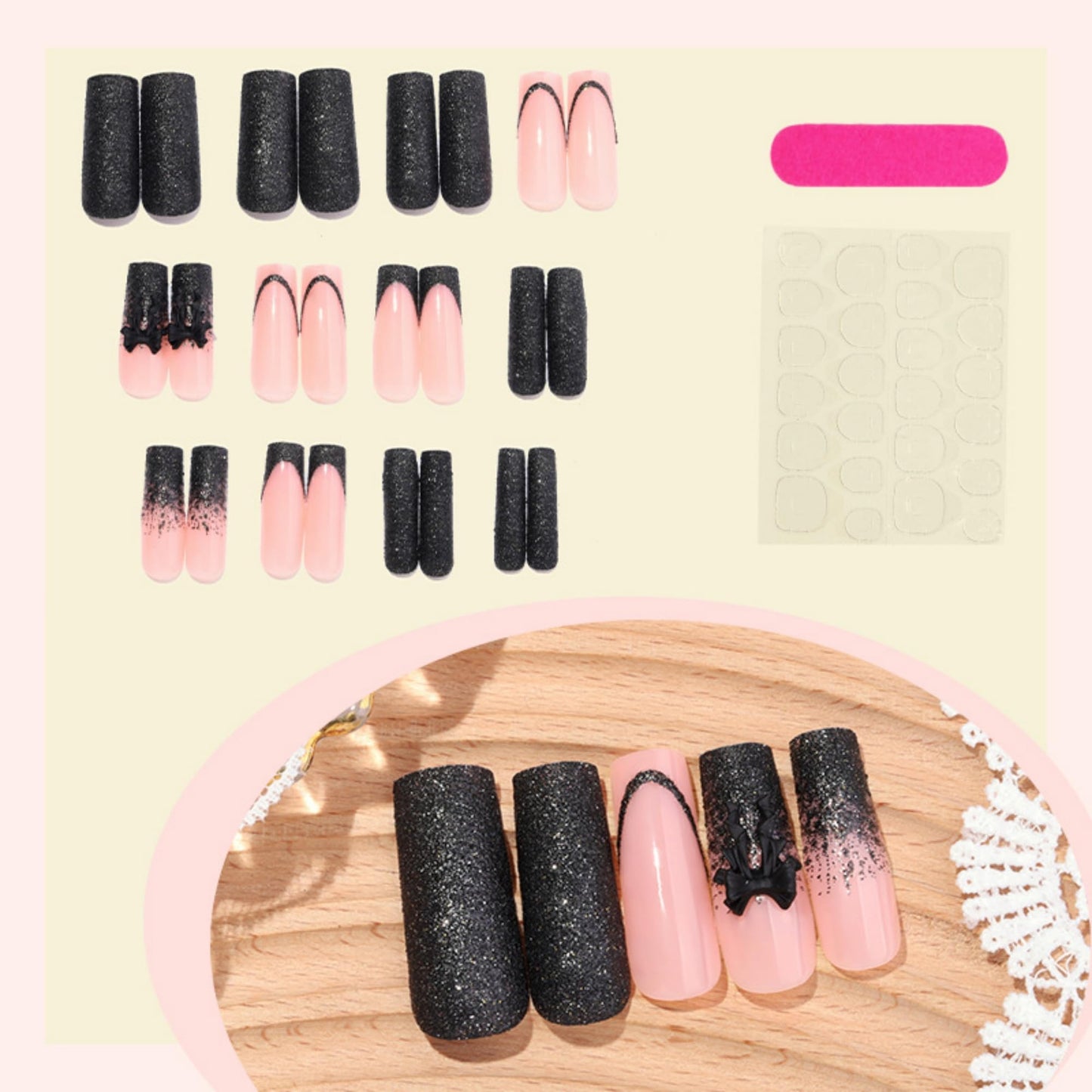 Octoswave Square Press on Nails Medium Fake Nails Black French Artificial Nail Glitter and Bow Stick on Nail for Women 24pcs