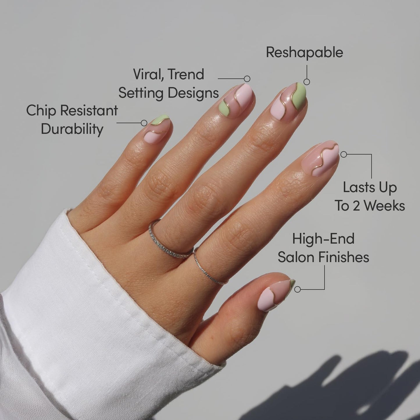 Glamnetic Press On Nails - Short Oval Fake Nails, Pink & Green Swirl Nails with Gold Foil Accents, Strawberry Matcha | 15 Sizes - 30 Nail Kit with Glue | Gift for Mom