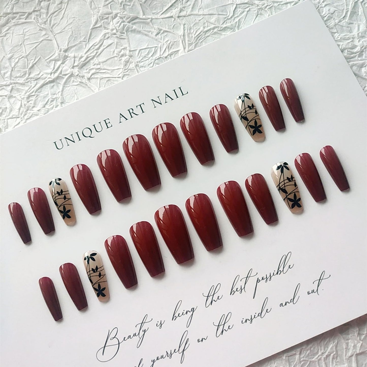 24 PCS Burgundy Floral Press on Nails, Long Square Fake Nails Kit with Black Leaf, Reusable Glossy Wine Red Acrylic Press On Nail False Nails for Women and Daily Wear