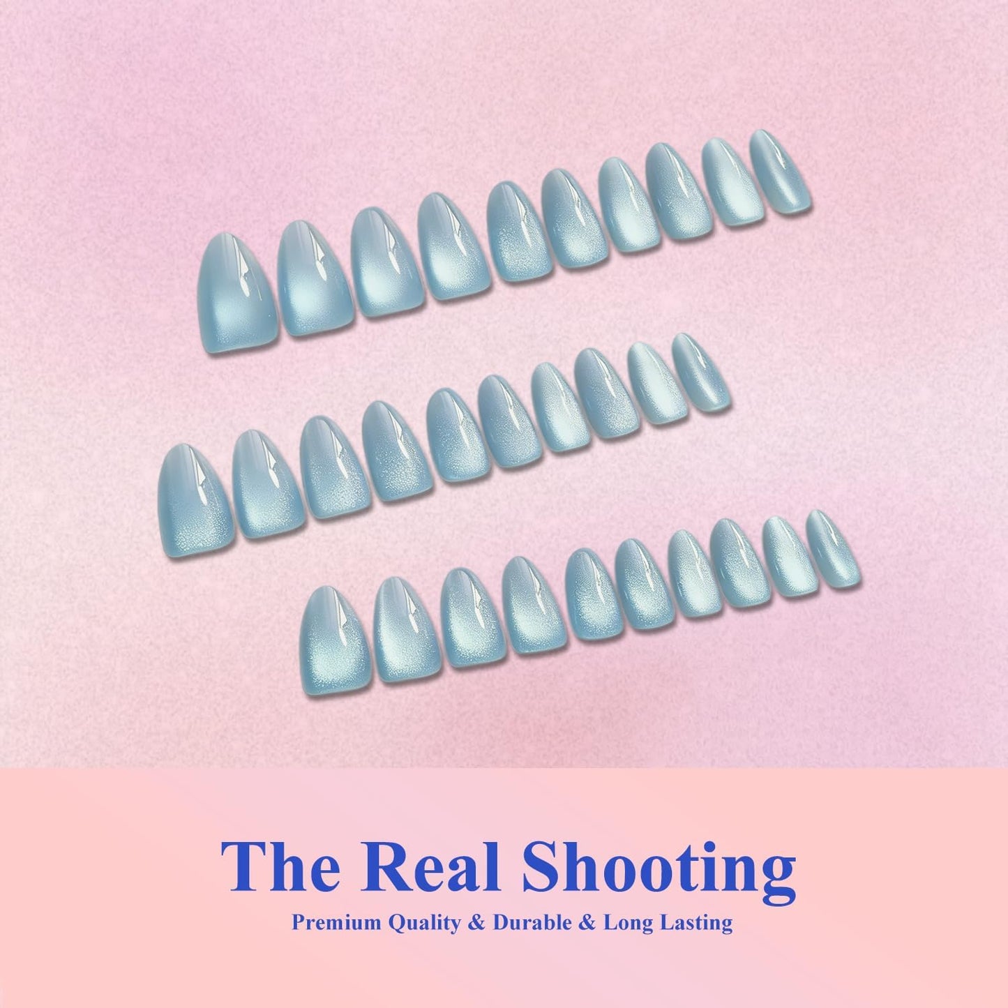 KQueenest Cat Eye Press On Nails Short Almond - Teal Green Press On Nails Short Stiletto, 32 Pcs 16 Sizes Glitter Fake Nails Press ons, Upgrade Thick Quality, Reusable Bling Glue on Nail for Women