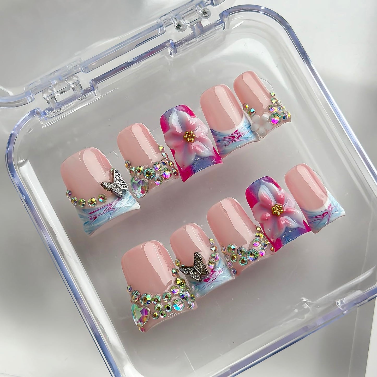 Luxury Press on Nails Short Duck Handmade 3D Unique Reusable ABS Material Fake Nails French Tip False Nails with Designs Flower Butterfly Blue Pink Glossy Glue on Nail Thick Acrylic Nail(S)
