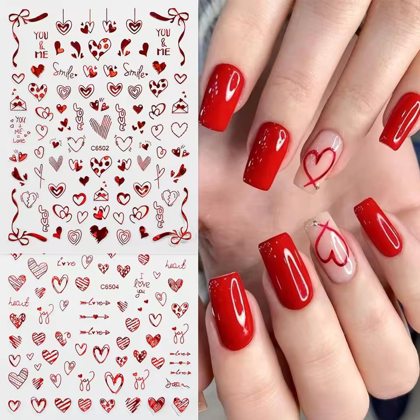 4Pcs Red Valentine's Day Nail Art Stickers - Love Heart Nail Decals, 3D Self-Adhesive Laser Red Hollow Hearts Glitter Designs for DIY 3D Nail Supplies Decoration Romantic DIY Manicure Accessories
