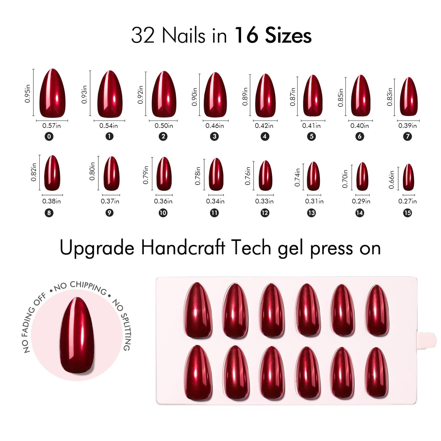 VSALON Press On Nails Almond, 32 Pcs 16 Sizes Red Press On Burgundy Chrome Metallic Medium Fake Nails With Glue & Cuticle Oil, Reusable Stick On Nails False Nails Kit