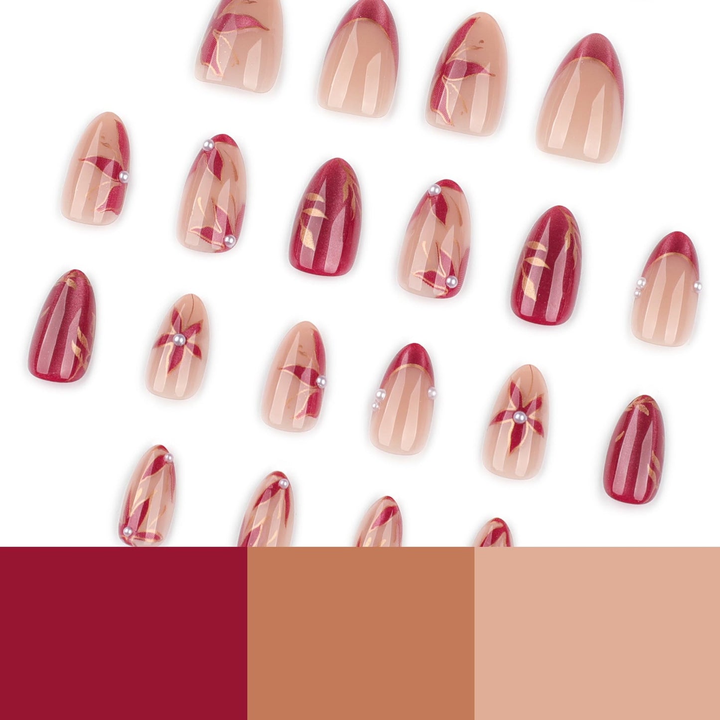 CTTHNBD Press on Nails Almond - Short Fake Nails with Flower Leaf Design - Glossy Full Cover Stick on False Nails - for Women 24 Pcs