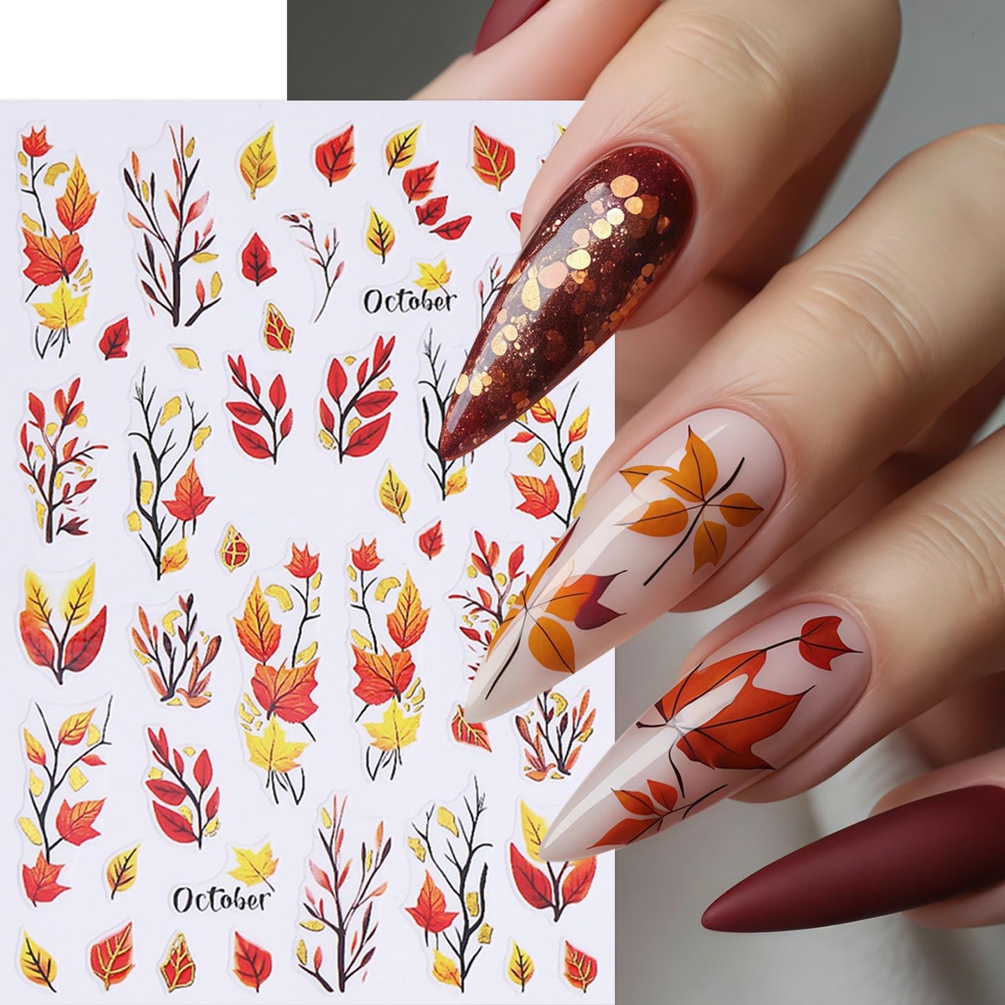 6 Sheets Fall Maple Leaf Nail Art Stickers Deals 3D Self-Adhesive Autumn Thanksgiving Pumpkin Fox Fallen Leaves Nails Designs Flower Mushroom Autumn Leaves Nail Supplies for Women Nail Decoration
