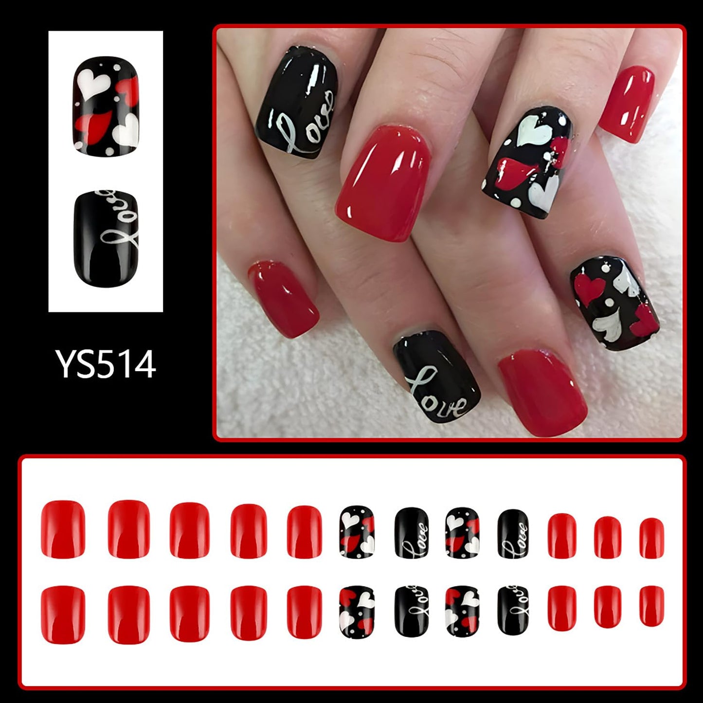 FIEONCIY Press-on Nails Short Square Glossy Full Cover Acrylic False Nails with Heart Designs Artificial Square Fake Nails Glue-ons Fingernails for Women Girls (24pcs/12sizes)